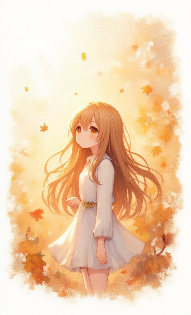 A delicate autumnal scene unfolds: a kawaii girl, her hair a warm honey hue, stands amidst rustling leaves, their amber tones glistening with dew. Soft, feathery light casts a gentle glow, highlighting the subject's porcelain complexion and rosy cheeks. The composition is framed by a subtle, textured border, reminiscent of watercolor brushstrokes. Against a pure white background, the artwork radiates an aura of serenity, as if suspended in a moment of tranquility,oil painting