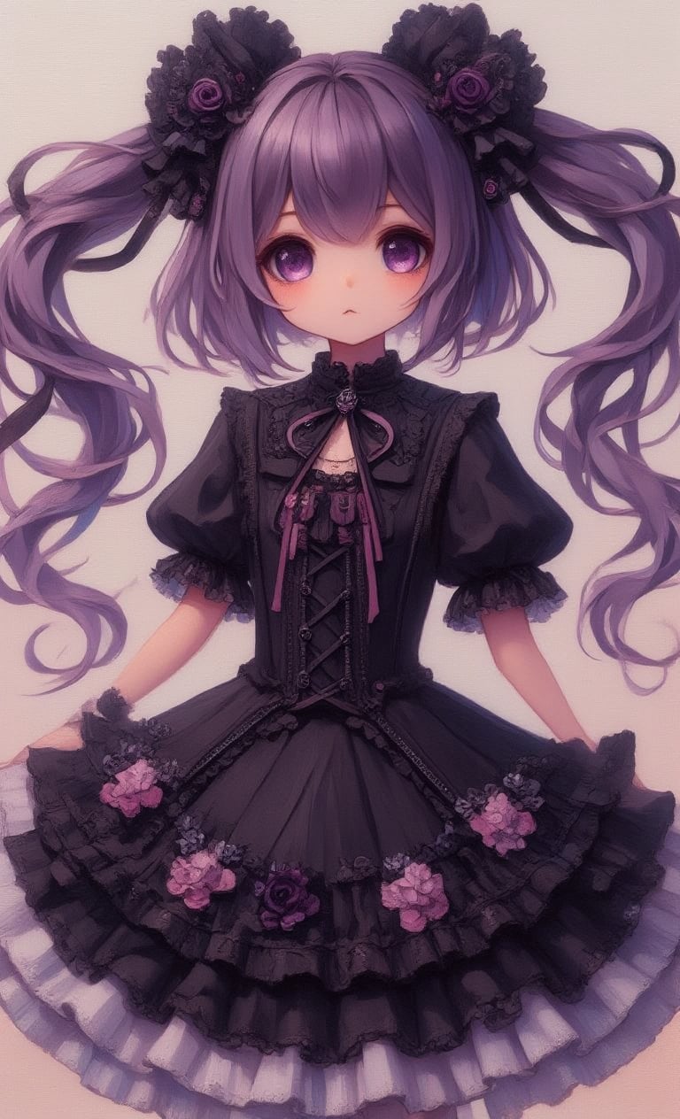 Portrait of a cute girl in a gothic lolita outfit, front view, (masterpiece, best quality, highest quality, official art, beautiful and aesthetic:1.2), (1 girl:1.4), portrait, extremely detailed, highest detail, simple background, 16k, high resolution, perfect dynamic composition, bokeh, (sharp focus:1.2), ultra wide angle, high angle, high color contrast, medium shot, depth of field, blurry background,oil painting