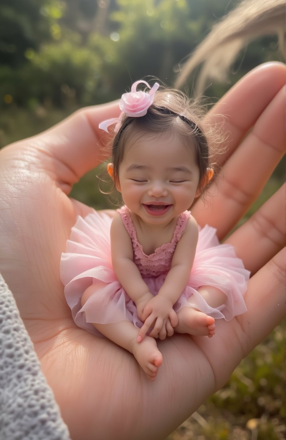 the image shows a chubby tiny ballerina girl sitting happy inside in palm hand, Hasselblad H6D-100c, reduced exposure, maximum contrast, ISO 400, with a 120mm macro lens and extension tubes. npl,Anime Style