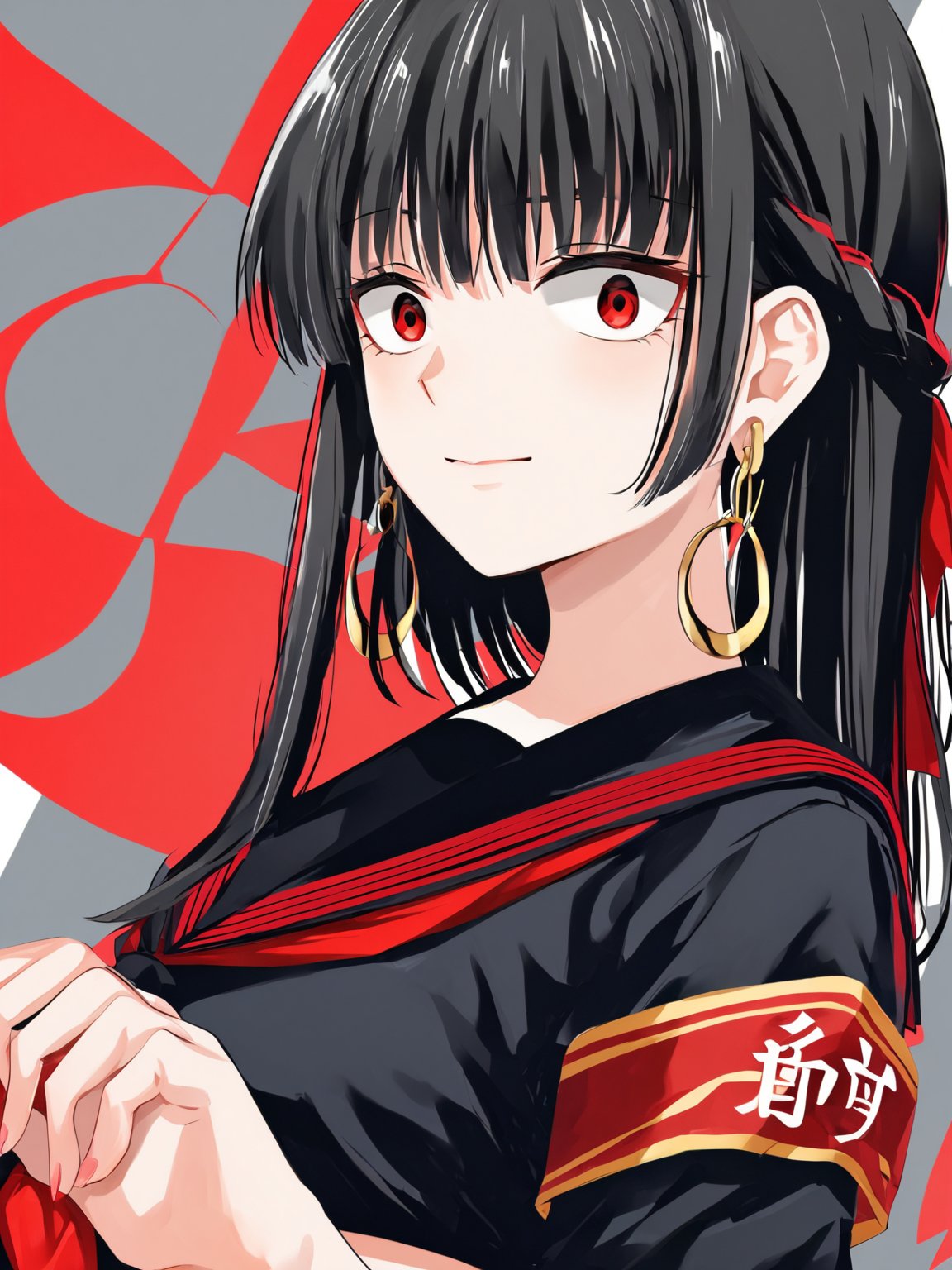 best quality, 8k, 8k UHD, ultra-high resolution, ultra-high definition, highres
,//Character, 
1girl, solo
,//Fashion, 
,//Background, 
,//Others, ,Expressiveh, 
AgakuraMajiri, 1girl, solo, long hair, black hair, red eyes, hoop earrings, black serafuku, sailor collar, black shirt, red neckerchief, armband, pleated skirt, black skirt