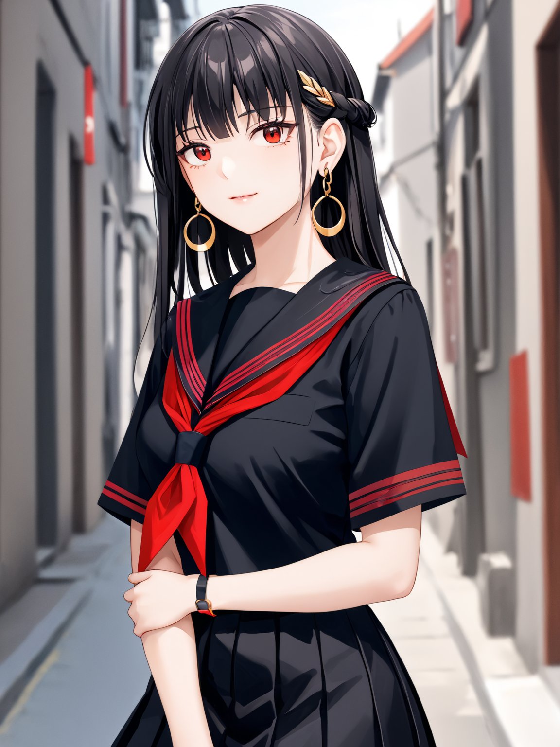 best quality, 8k, 8k UHD, ultra-high resolution, ultra-high definition, highres
,//Character, 
1girl, solo
,//Fashion, 
,//Background, 
,//Others, ,Expressiveh, 
AgakuraMajiri, 1girl, solo, long hair, black hair, red eyes, hoop earrings, black serafuku, sailor collar, black shirt, red neckerchief, armband, pleated skirt, black skirt