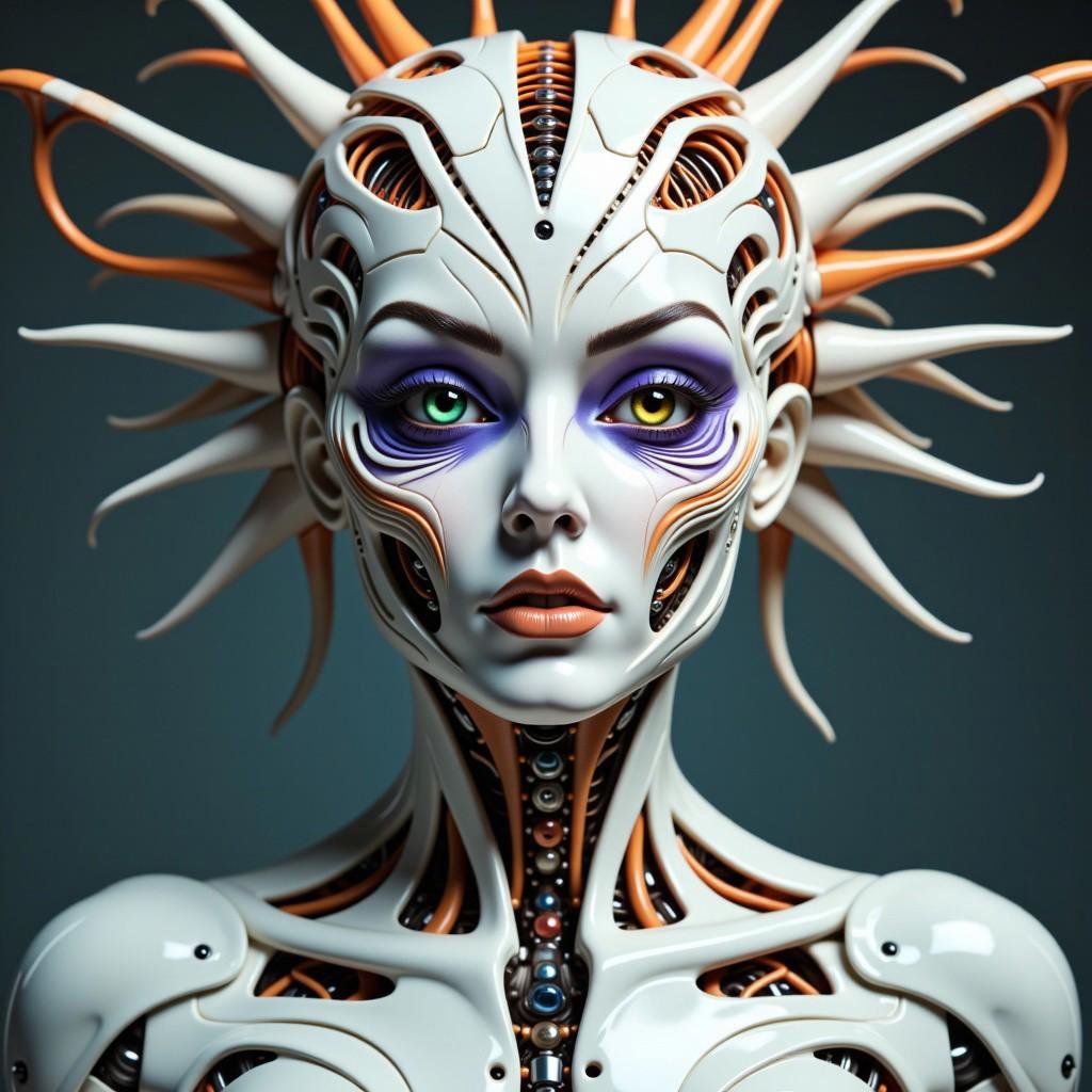 ARob, A hyper-realistic portrait of a stunning supermodel, Robot face, made of machine parts. The image blends futuristic and traditional elements with a neo mode, avant-garde style, characterized by delicate and sleek lines, vibrant colors, and exquisite details. The modelâs eyes captivate with complex colored irises, while her unique, crazy hairstyle adds to the surreal and mysterious charm. The overall composition is symmetrical and fluid, with an ethereal and timeless aura.