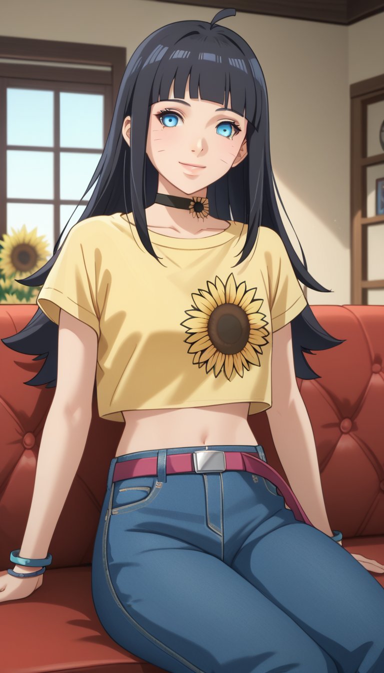 score_9, score_8_up, score_7_up, intricate details,1girl,himawari, long hair, black hair,blunt bangs, facial mark,ahoge,blue eyes,choker, yellow shirt, sunflower,  short sleeves, crop top, bracelet,midriff, belt, jeans, denim, indoors, house, living room, sitting in couch, couch, smile, lips