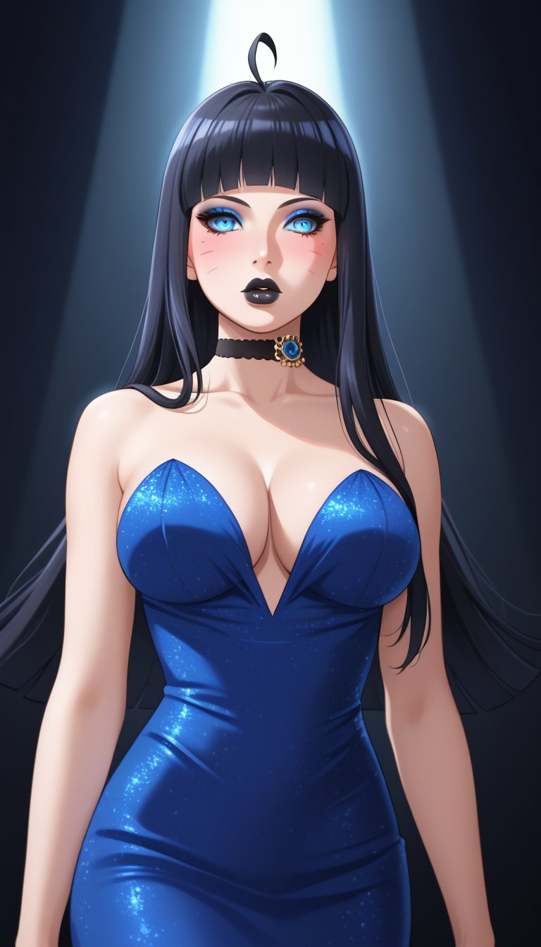 score_9, score_8_up, score_7_up, intricate details,1girl, himawari, long hair, black hair,blunt bangs, facial mark,ahoge,blue eyes,choker,(lips, black lips, makeup, eyeliner, eyeshadow,), cowboy shot, empty eyes,1girl, solo, black lipstick, blush,  bimbo,Big_Lips,Bimbo_Lips,  elegant small dress, deep small dress, miniskirt, blue dress,ballroom setting, ((arrogant pose)), chandeliers, soft lighting, graceful posture, confident expression, fancy jewelry, luxurious atmosphere,