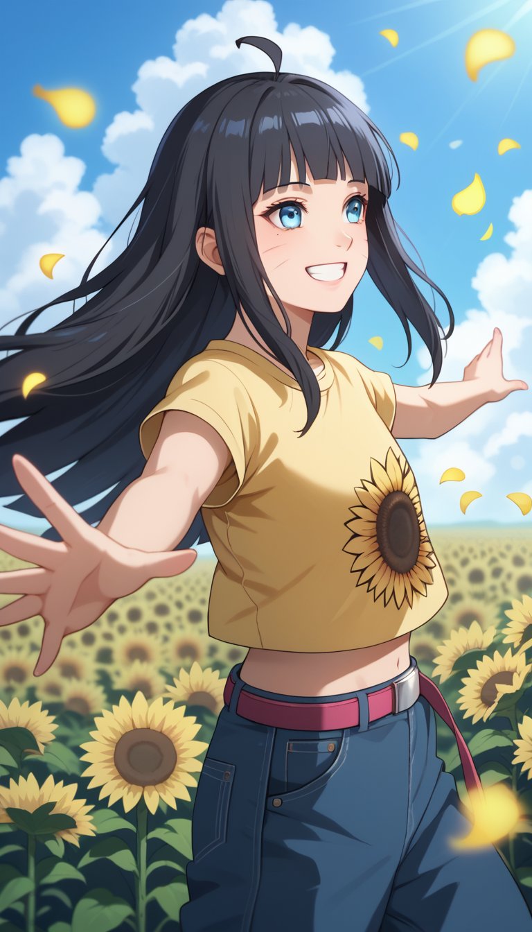 score_9, score_8_up, score_7_up, intricate details,1girl, himawari,blunt bangs, facial mark,ahoge,blue eyes,whisker markings, black hair, long hair, Himawari, 1girl, solo, long hair, smile, shirt, black hair, flower, short sleeves, outdoors, sky, day, midriff, belt, pants, cloud, grin, from side, blue sky, petals, outstretched arms, yellow shirt, sunflower, open mouth