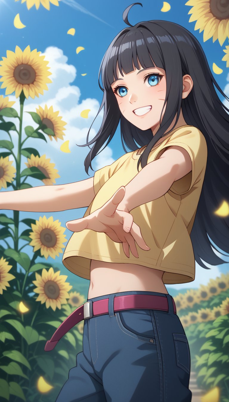 score_9, score_8_up, score_7_up, intricate details,1girl, himawari,blunt bangs, facial mark,ahoge,blue eyes,whisker markings, black hair, long hair, Himawari, 1girl, solo, long hair, smile, shirt, black hair, flower, short sleeves, outdoors, sky, day, midriff, belt, pants, cloud, grin, from side, blue sky, petals, outstretched arms, yellow shirt, sunflower, open mouth