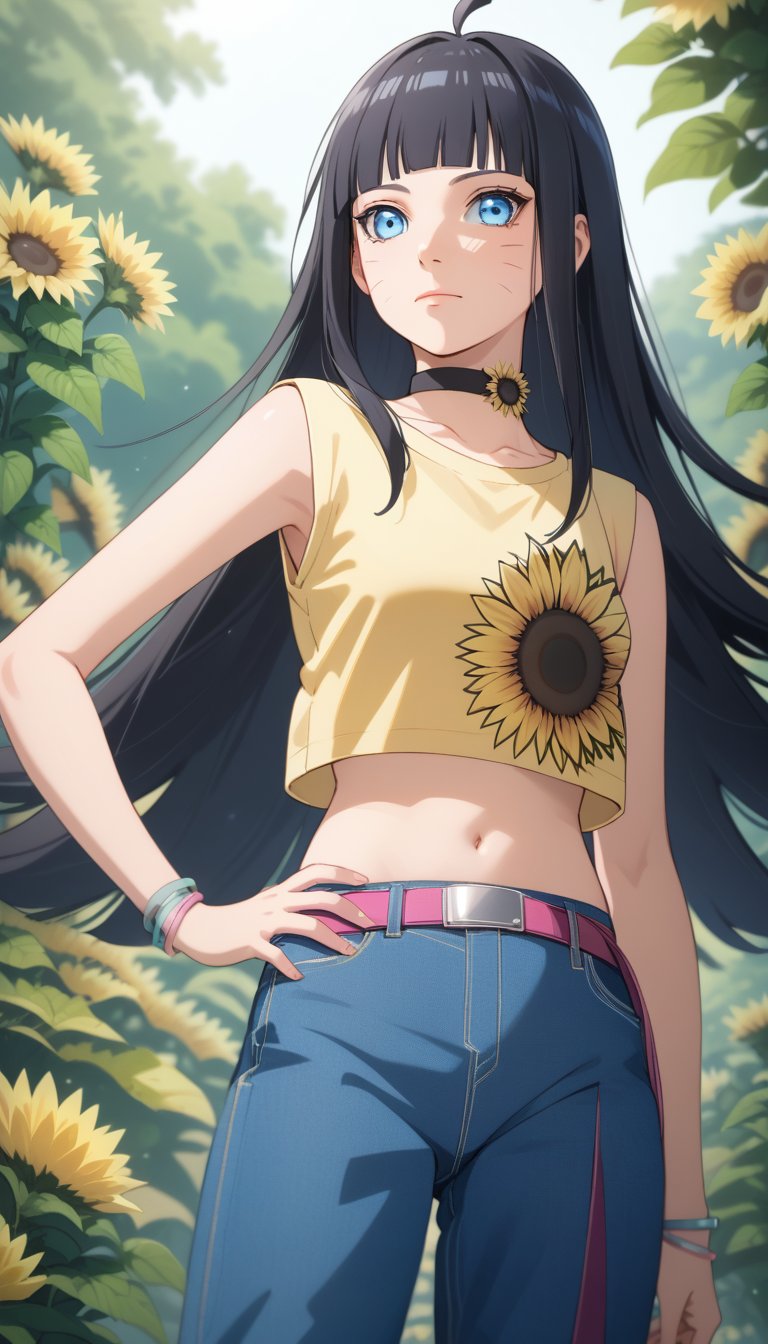 score_9, score_8_up, score_7_up, Himawari, whisker markings, choker, 1girl, solo, long hair, looking at viewer, blue eyes, shirt, black hair, navel, jewelry, closed mouth, flower, ahoge, sleeveless, midriff, belt, pants, blunt bangs, bracelet, crop top, hand on hip, denim, yellow shirt, jeans, sunflower