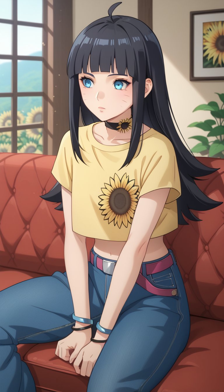 score_9, score_8_up, score_7_up, intricate details,1girl,himawari, long hair, black hair,blunt bangs, facial mark,ahoge,blue eyes,choker, yellow shirt, sunflower,  short sleeves, crop top, bracelet,midriff, belt, jeans, denim, indoors, house, living room, sitting in couch, couch