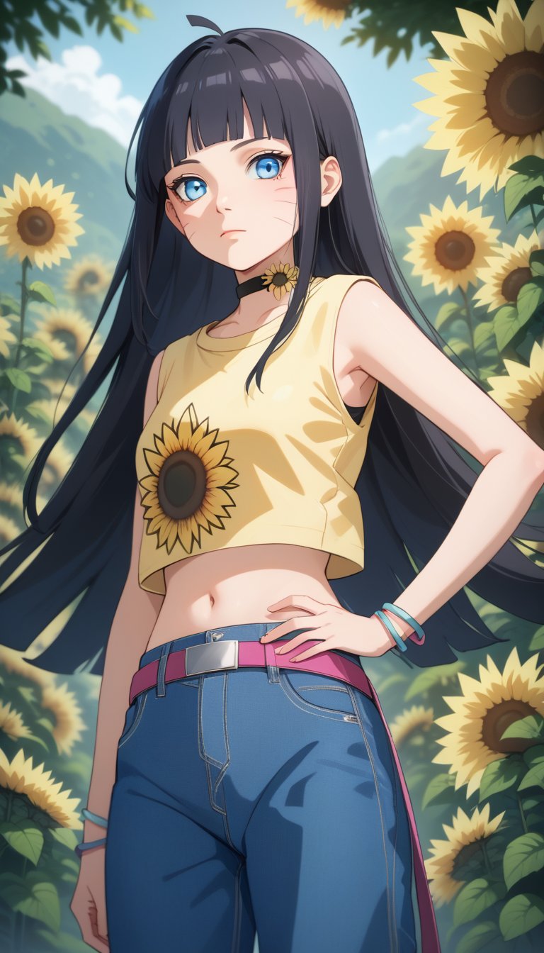 score_9, score_8_up, score_7_up, Himawari, whisker markings, choker, 1girl, solo, long hair, looking at viewer, blue eyes, shirt, black hair, navel, jewelry, closed mouth, flower, ahoge, sleeveless, midriff, belt, pants, blunt bangs, bracelet, crop top, hand on hip, denim, yellow shirt, jeans, sunflower