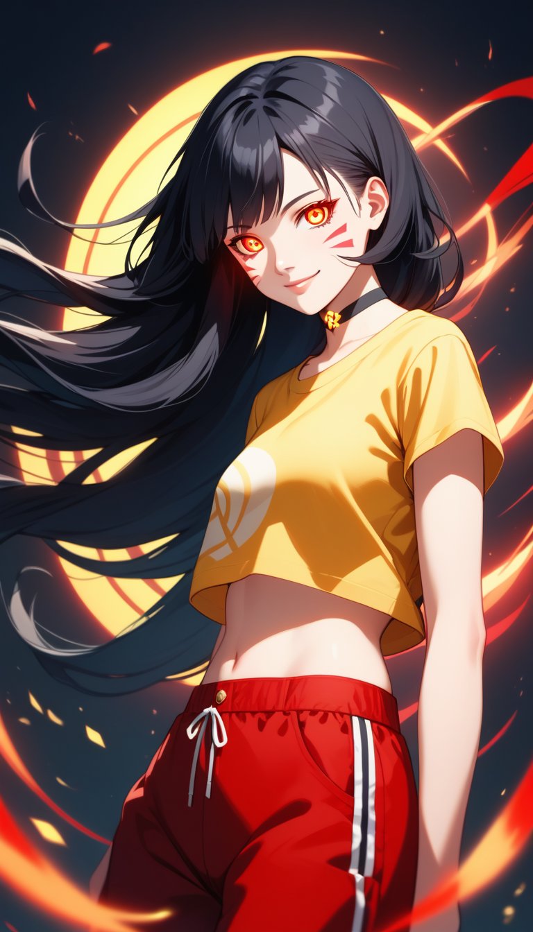 score_9, score_8_up, score_7_up, intricate details,1girl,Himawari, 1girl, solo, long hair, looking at viewer, smile, shirt, black hair, red eyes, wild hair, hair spread in all directions, choker, midriff, floating hair, glowing, facial mark, glowing eyes,  yellow shirt