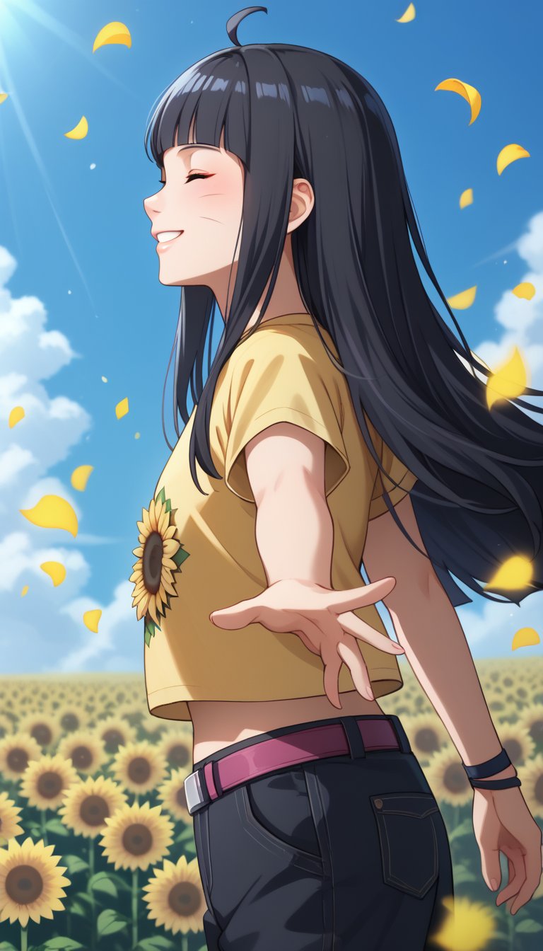 score_9, score_8_up, score_7_up, intricate details,1girl, himawari,blunt bangs, facial mark,ahoge,blue eyes,whisker markings, black hair, long hair, Himawari, 1girl, solo, long hair, smile, shirt, black hair, closed eyes, flower, short sleeves, outdoors, sky, day, midriff, belt, pants, cloud, grin, from side, blue sky, petals, outstretched arms, yellow shirt, sunflower