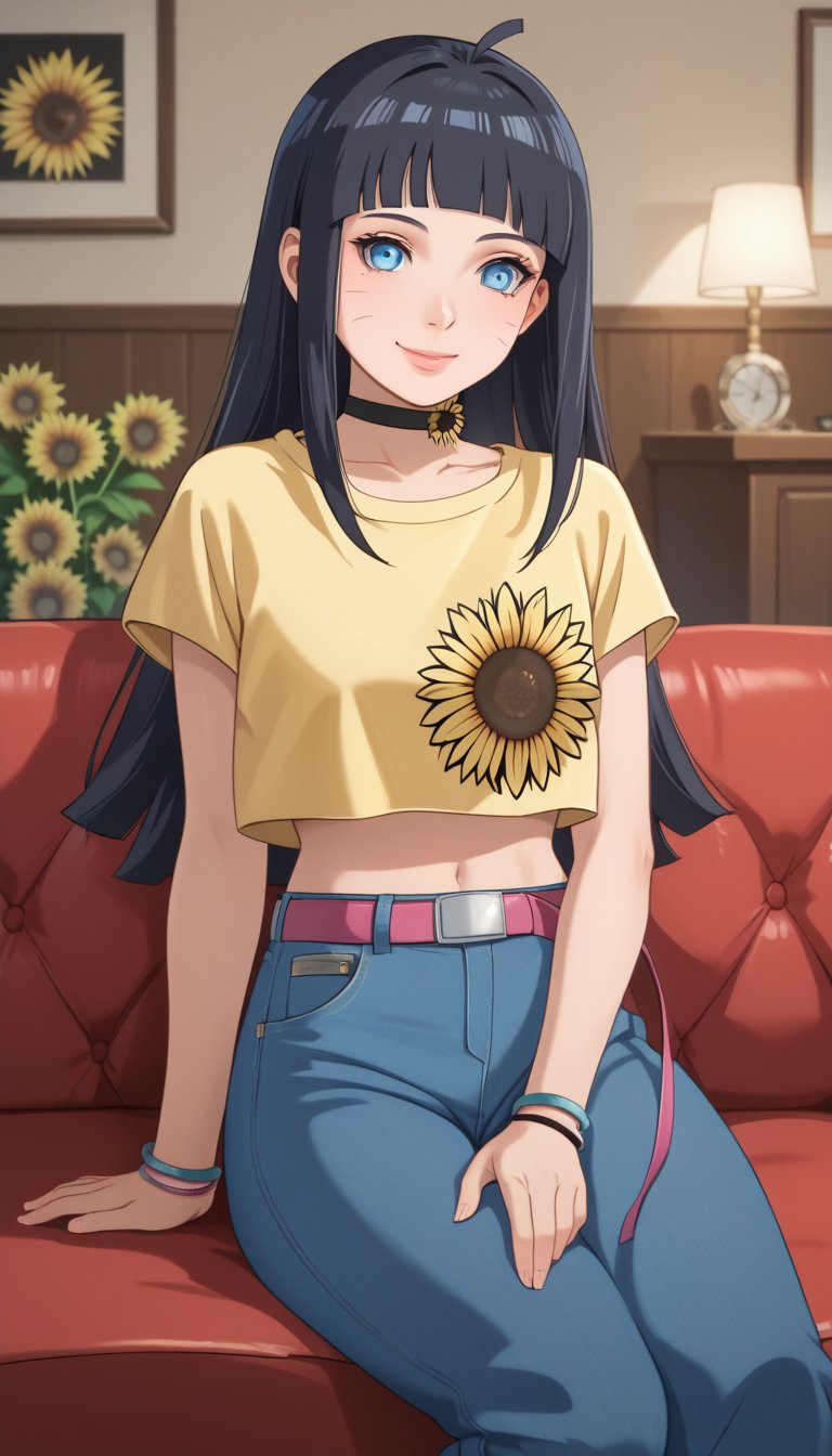 score_9, score_8_up, score_7_up, intricate details,1girl,himawari, long hair, black hair,blunt bangs, facial mark,ahoge,blue eyes,choker, yellow shirt, sunflower,  short sleeves, crop top, bracelet,midriff, belt, jeans, denim, indoors, house, living room, sitting in couch, couch, smile, lips