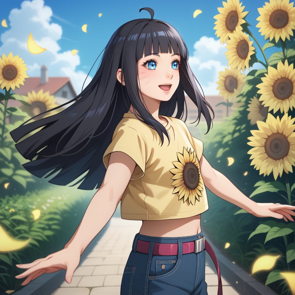 score_9, score_8_up, score_7_up, intricate details,1girl, himawari,blunt bangs, facial mark,ahoge,blue eyes,whisker markings, black hair, long hair, Himawari, 1girl, solo, long hair, smile, shirt, black hair, flower, short sleeves, outdoors, sky, day, midriff, belt, pants, cloud, lips, from side, blue sky, petals, outstretched arms, yellow shirt, sunflower, open mouth