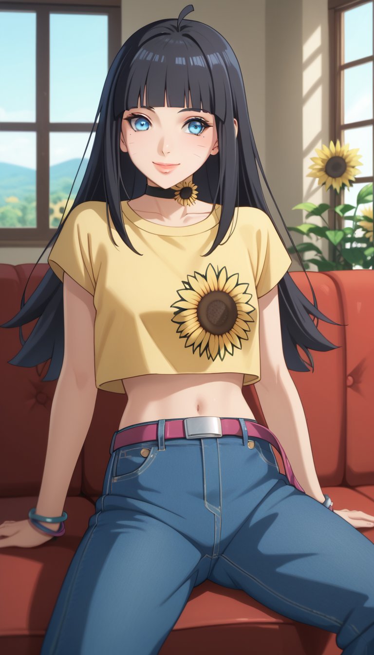 score_9, score_8_up, score_7_up, intricate details,1girl,himawari, long hair, black hair,blunt bangs, facial mark,ahoge,blue eyes,choker, yellow shirt, sunflower,  short sleeves, crop top, bracelet,midriff, belt, jeans, denim, indoors, house, living room, sitting in couch, couch, smile, lips