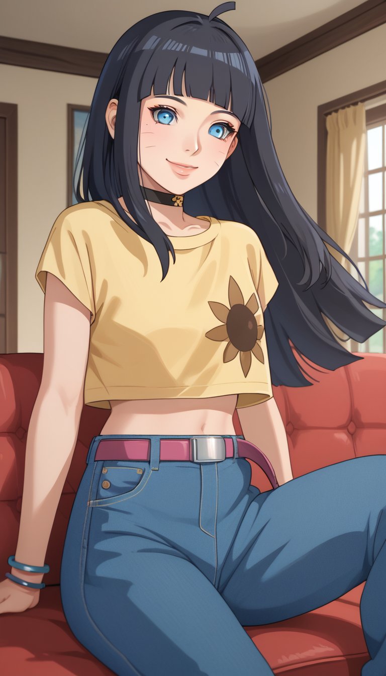 score_9, score_8_up, score_7_up, intricate details,1girl,himawari, long hair, black hair,blunt bangs, facial mark,ahoge,blue eyes,choker, yellow shirt,  short sleeves, crop top, bracelet,midriff, belt, jeans, denim, indoors, house, living room, sitting in couch, couch, smile, lips