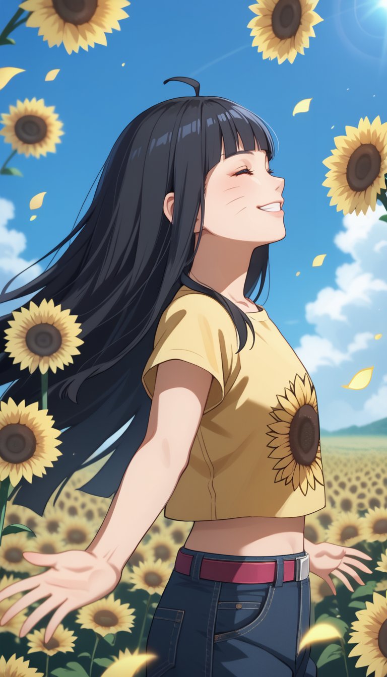 score_9, score_8_up, score_7_up, intricate details,1girl, himawari,blunt bangs, facial mark,ahoge,blue eyes,whisker markings, black hair, long hair, Himawari, 1girl, solo, long hair, smile, shirt, black hair, closed eyes, flower, short sleeves, outdoors, sky, day, midriff, belt, pants, cloud, grin, from side, blue sky, petals, outstretched arms, yellow shirt, sunflower