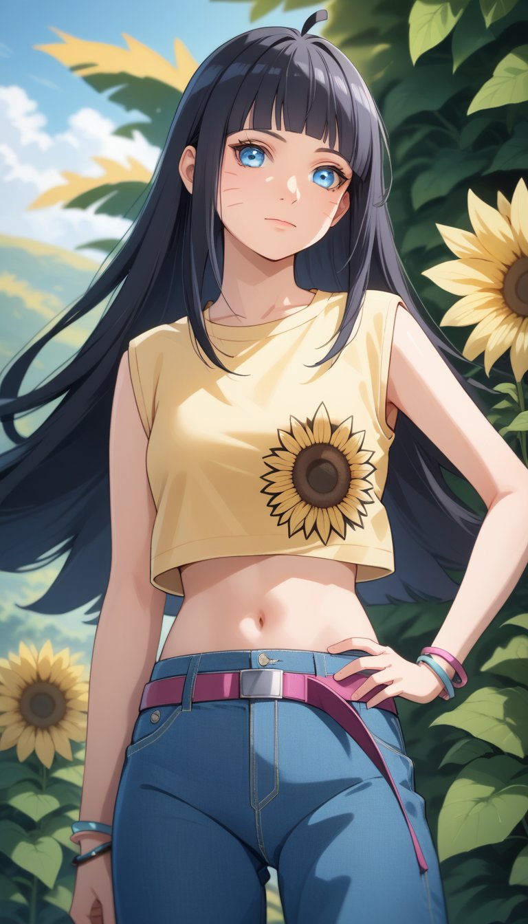 score_9, score_8_up, score_7_up, Himawari, whisker markings, 1girl, solo, long hair, looking at viewer, blue eyes, shirt, black hair, navel, jewelry, closed mouth, flower, ahoge, sleeveless, midriff, belt, pants, blunt bangs, bracelet, crop top, hand on hip, denim, yellow shirt, jeans, sunflower