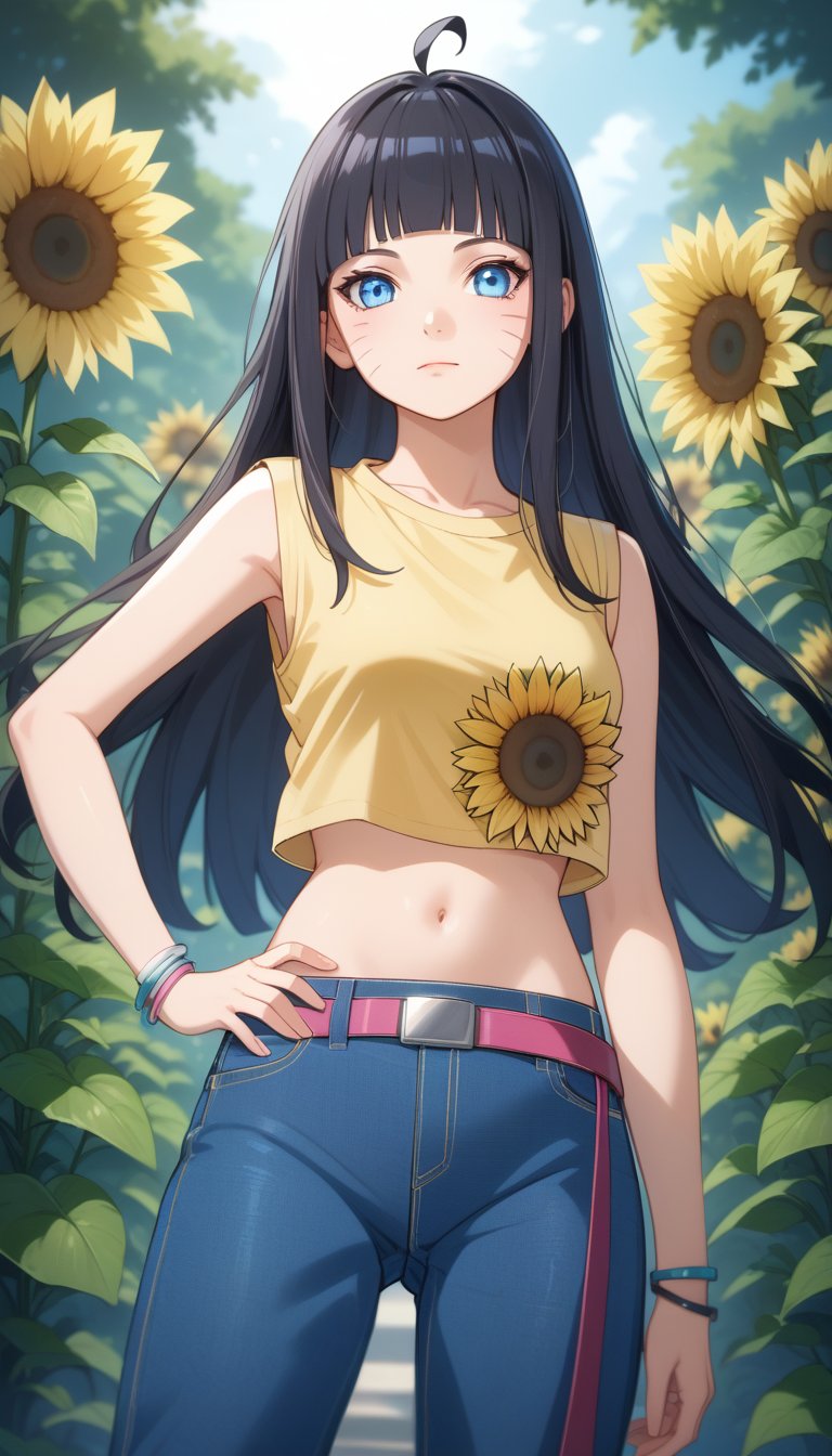 score_9, score_8_up, score_7_up, Himawari, whisker markings, 1girl, solo, long hair, looking at viewer, blue eyes, shirt, black hair, navel, jewelry, closed mouth, flower, ahoge, sleeveless, midriff, belt, pants, blunt bangs, bracelet, crop top, hand on hip, denim, yellow shirt, jeans, sunflower