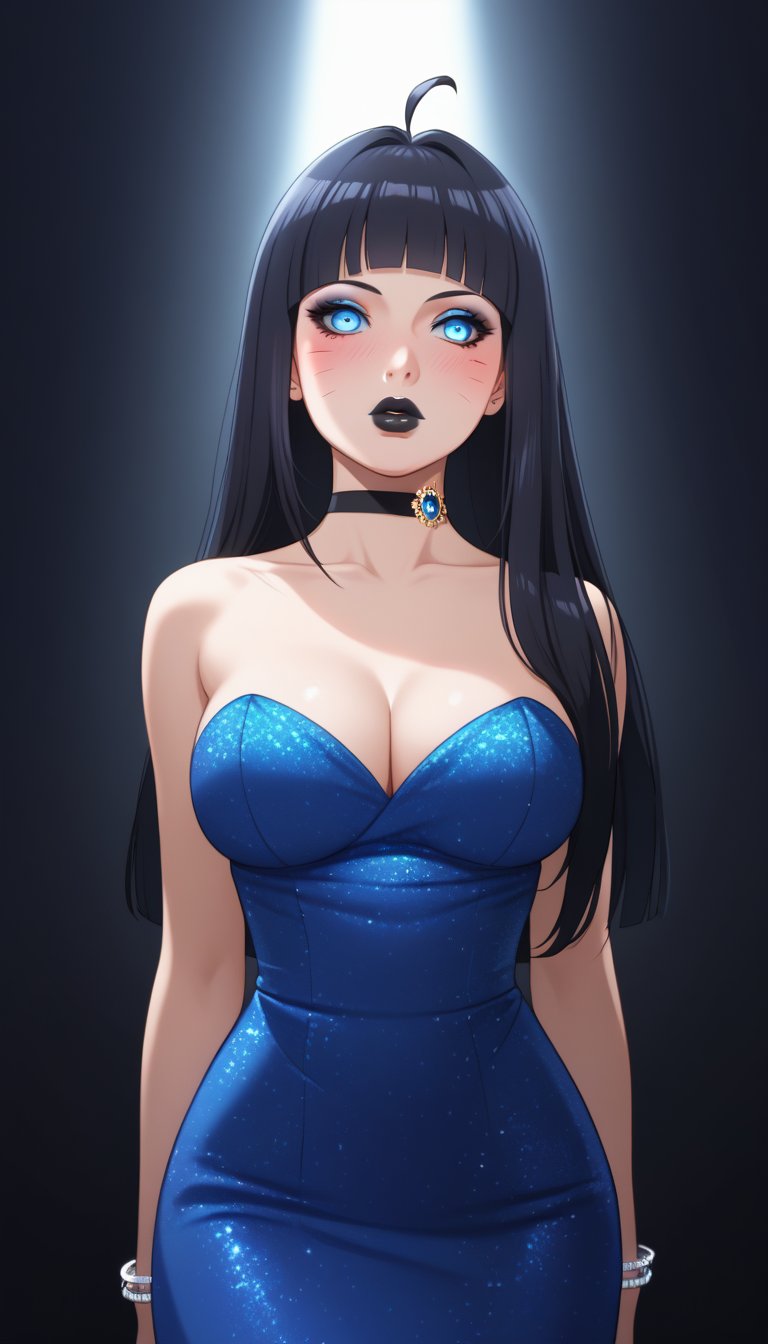 score_9, score_8_up, score_7_up, intricate details,1girl, himawari, long hair, black hair,blunt bangs, facial mark,ahoge,blue eyes,choker,(lips, black lips, makeup, eyeliner, eyeshadow,), cowboy shot, empty eyes,1girl, solo, black lipstick, blush,  bimbo,Big_Lips,Bimbo_Lips,  elegant small dress, deep small dress, miniskirt, blue dress,ballroom setting, ((arrogant pose)), chandeliers, soft lighting, graceful posture, confident expression, fancy jewelry, luxurious atmosphere,