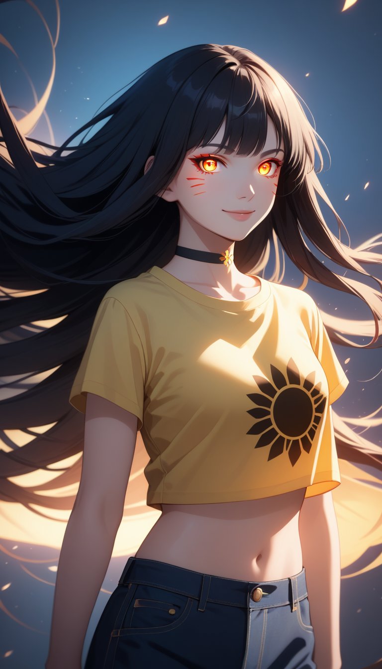 score_9, score_8_up, score_7_up, intricate details,1girl,Himawari, 1girl, solo, long hair, looking at viewer, smile, shirt, black hair, red eyes, wild hair, hair spread in all directions, choker, midriff, floating hair, glowing, facial mark, glowing eyes,  yellow shirt