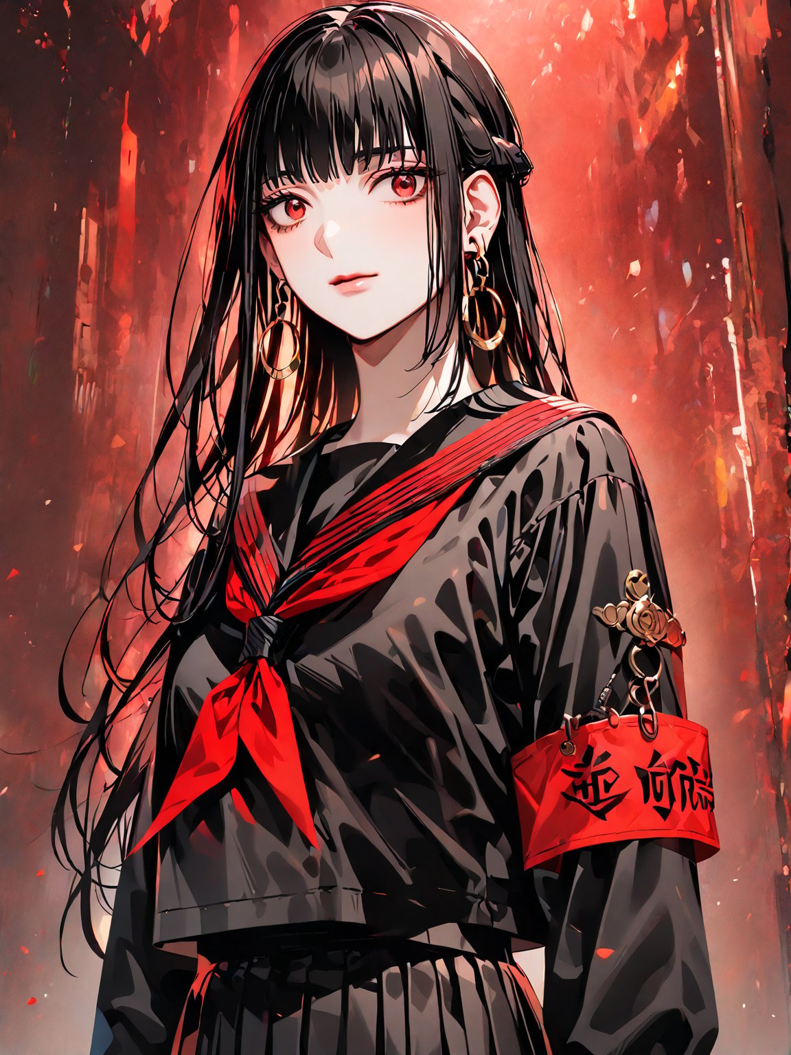 best quality, 8k, 8k UHD, ultra-high resolution, ultra-high definition, highres
,//Character, 
1girl, solo
,//Fashion, 
,//Background, 
,//Others, ,Expressiveh, 
AgakuraMajiri, 1girl, solo, long hair, black hair, red eyes, hoop earrings, black serafuku, sailor collar, black shirt, red neckerchief, armband, pleated skirt, black skirt