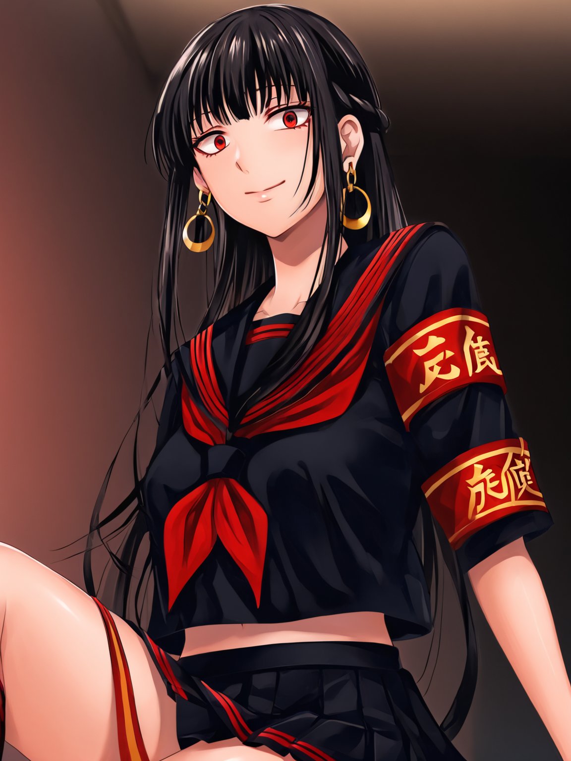 best quality, 8k, 8k UHD, ultra-high resolution, ultra-high definition, highres
,//Character, 
1girl, solo
,//Fashion, 
,//Background, 
,//Others, ,Expressiveh, 
AgakuraMajiri, 1girl, solo, long hair, black hair, red eyes, hoop earrings, black serafuku, sailor collar, black shirt, red neckerchief, armband, pleated skirt, black skirt