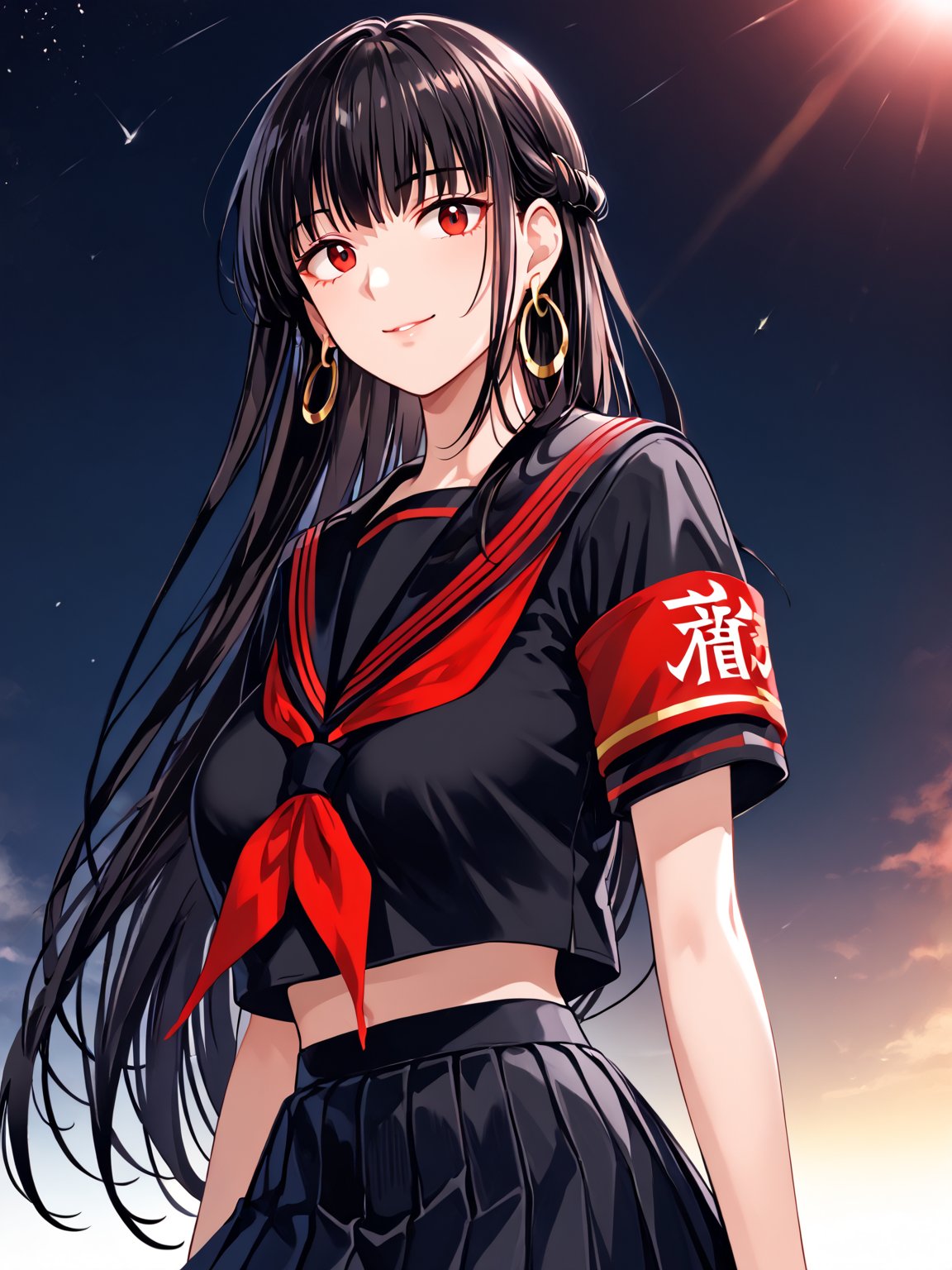 best quality, 8k, 8k UHD, ultra-high resolution, ultra-high definition, highres
,//Character, 
1girl, solo
,//Fashion, 
,//Background, 
,//Others, ,Expressiveh, 
AgakuraMajiri, 1girl, solo, long hair, black hair, red eyes, hoop earrings, black serafuku, sailor collar, black shirt, red neckerchief, armband, pleated skirt, black skirt