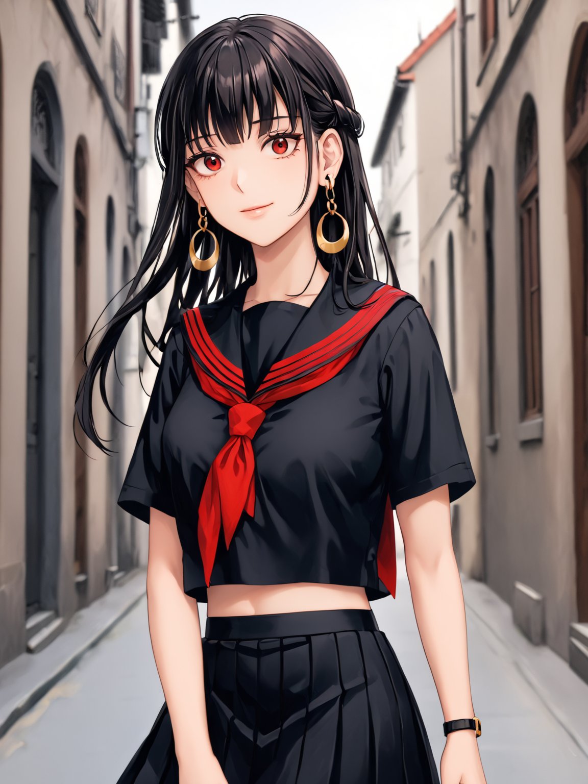 best quality, 8k, 8k UHD, ultra-high resolution, ultra-high definition, highres
,//Character, 
1girl, solo
,//Fashion, 
,//Background, 
,//Others, ,Expressiveh, 
AgakuraMajiri, 1girl, solo, long hair, black hair, red eyes, hoop earrings, black serafuku, sailor collar, black shirt, red neckerchief, armband, pleated skirt, black skirt