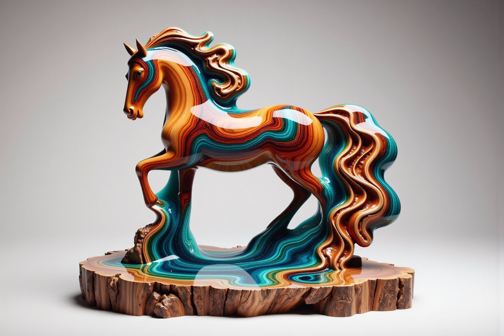 ResinflowFu510n style
This image is a high-resolution photograph showcasing an intricately carved wooden horse sculpture. The sculpture is positioned on a natural, irregularly shaped wooden base that mimics the flowing patterns of a river or ocean, with swirling shades of blue, teal, and turquoise. The horse itself is a stunning piece of art, carved from a single piece of wood that's been polished to a high gloss finish.

The horse's body exhibits an impressive blend of colors and textures, resembling a fluid, abstract painting.