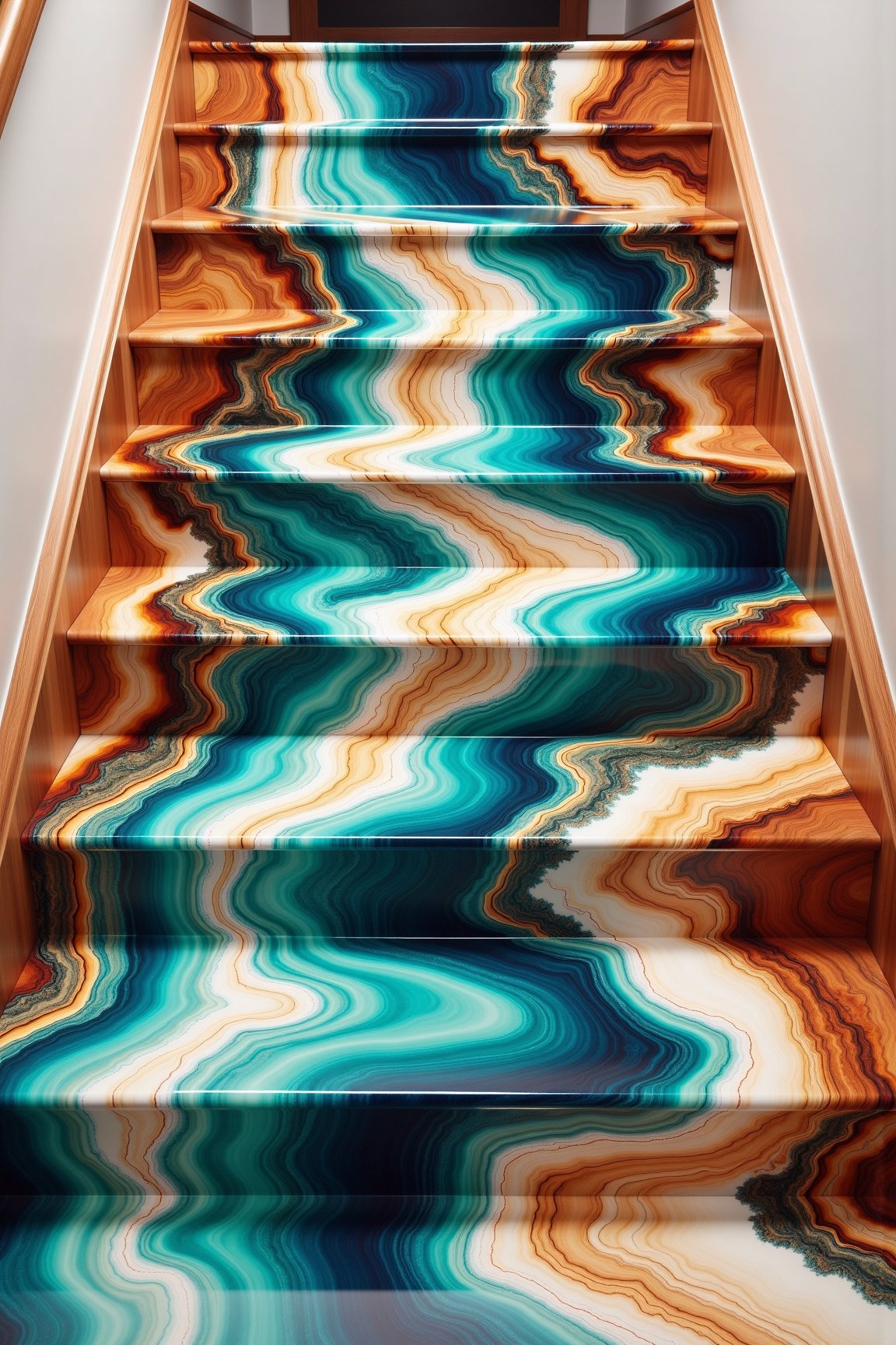 ResinflowFu510n style
This image is a high-resolution photograph showcasing an innovative staircase design. The staircase, composed of polished wood steps, features a strikingly modern and artistic touch. The steps are covered in a mesmerizing, flowing design that mimics the movement and coloration of a river or stream. The design features swirling patterns of turquoise, teal, cobalt blue, white, and shades of brown and gold, creating a fluid, almost liquid effect that seems to cascade down the steps.