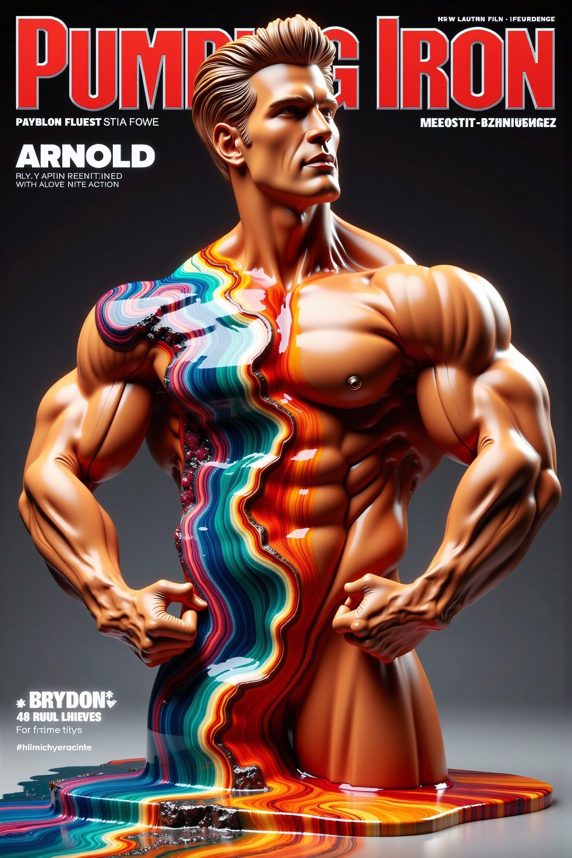 An ultra-high quality image of the cover for the magazine "Pumping Iron". featuring the current 1979 Mr Universe, Arnold Schwarzenegger. A side view muscle flex pose, exhibiting his incredible tanned and oiled physique. A ResinflowFu510n style body incorporating a beautifully vibrant river of colourful resin seemlessly flowing through the body, creating an abstract effect taht is alive with flowing energy.