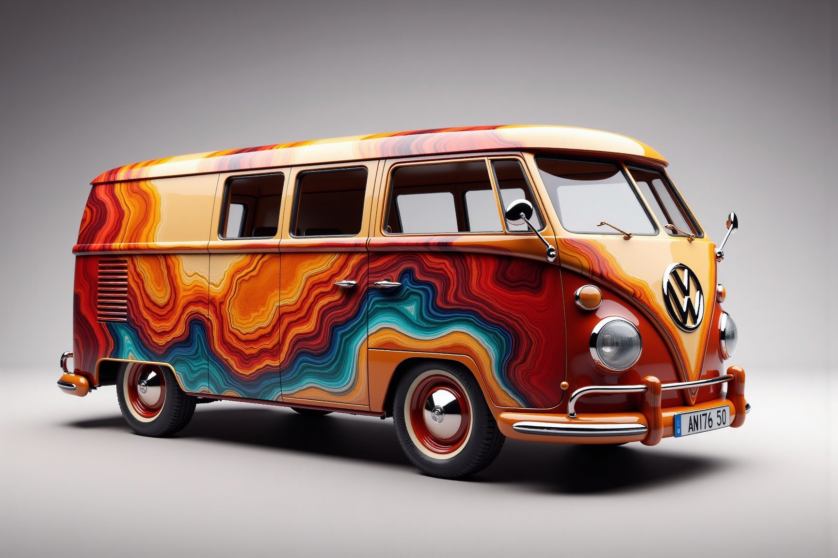 ResinflowFu510n style
The image is a highly detailed CGI rendering of a Volkswagen Type 2 van, commonly known as a Microbus, set against a neutral, gradient gray background. The van is a vibrant, modern interpretation, featuring a strikingly artistic design. The body of the van is adorned with swirling, organic patterns reminiscent of wood grain, but with an intense color gradient that includes shades of orange, red, yellow, blue, and turquoise.