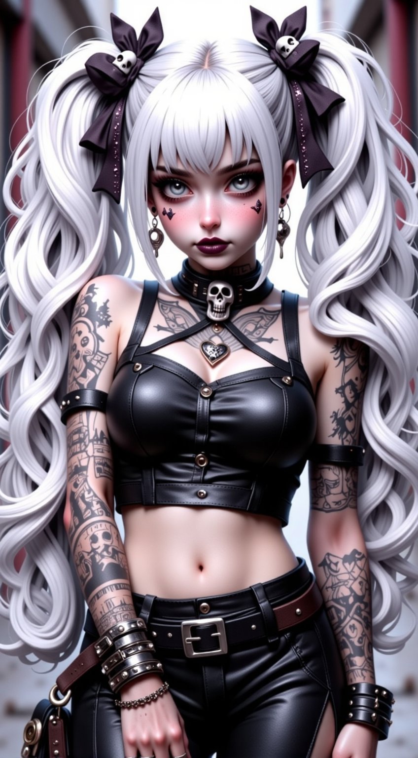 1girl, solo, long hair, looking at viewer, hair ornament, bow, navel, twintails, jewelry, very long hair, standing, weapon, white hair, heart, cowboy shot, earrings, midriff, belt, necklace, collar, bracelet, crop top, grey eyes, tattoo, makeup, colored skin, chain, piercing, lipstick, ear piercing, pale skin, black nails, buckle, spikes, eyeshadow, heart hair ornament, arm tattoo, spiked bracelet, facial tattoo, spiked collar, skull hair ornament, gothic, skull and crossbones, heart tattoo, black lips, skull print, lip piercing, QTGIRLREAL,REALNIME