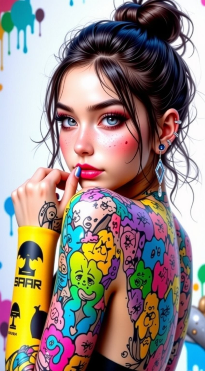 a medium-angle shot of a woman's body is adorned with colorful tattoos. Her arms are covered in a variety of vibrant colors, including yellow, blue, pink, purple, and black. Her hair is pulled back in a bun, cascading over her shoulders. Her eyes are a piercing blue, and her lips are painted a deep pink. The tattoos are spread across her arms, adding a pop of color to the scene. The backdrop is a stark white, with a mix of colors to it., QTGIRLREAL,REALNIME