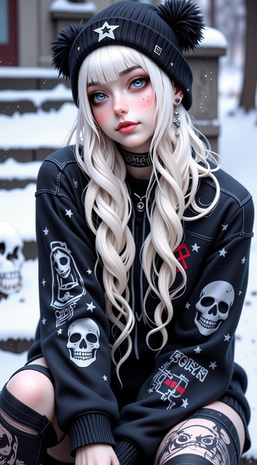 1girl, solo, long hair, looking at viewer, blue eyes, blonde hair, thighhighs, long sleeves, hat, jewelry, sitting, closed mouth, jacket, braid, white hair, earrings, outdoors, day, pants, star \(symbol\), blurry, from side, lips, torn clothes, black headwear, tattoo, makeup, blurry background, piercing, denim, ear piercing, snow, skull, jeans, snowing, stairs, realistic, nose, beanie, torn thighhighs, torn pants, pentagram, skull print, lip piercing, eyebrow piercing, torn jeans, QTGIRLREAL,REALNIME