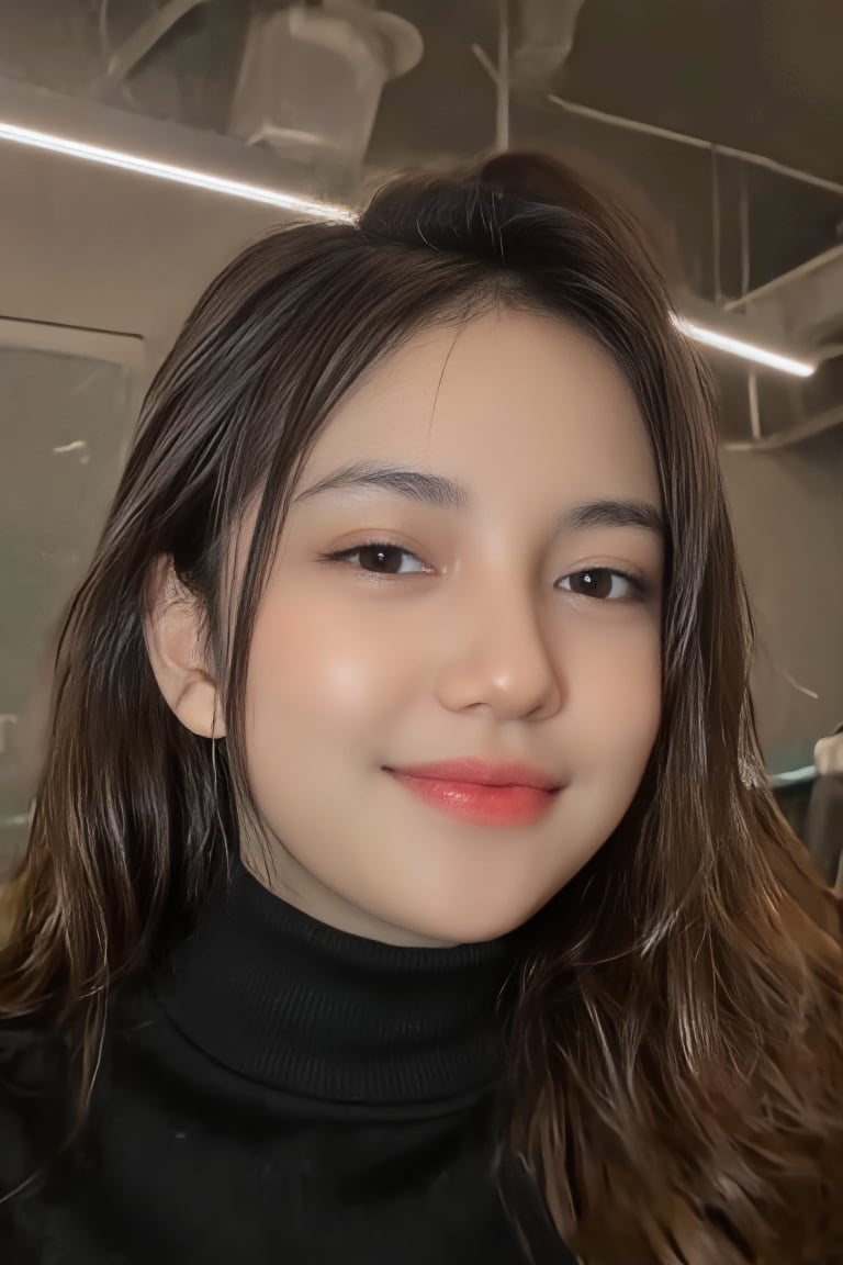 a stunning, ultra-realistic portrait of a gorgeous 21yo hubggirl, solo, wave hair, looking at viewer, smile, black sweater, black eyes, upper body, indoor, lips,woman, realistic, real life,model instagram,viola, chubby face, Indonesia face,asmara