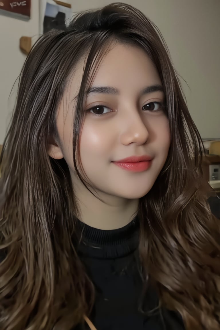 a stunning, ultra-realistic portrait of a gorgeous 21yo hubggirl, solo, wave hair, looking at viewer, smile, black sweater, black eyes, upper body, indoor, lips,woman, realistic, real life,model instagram,viola, chubby face, Indonesia face,asmara