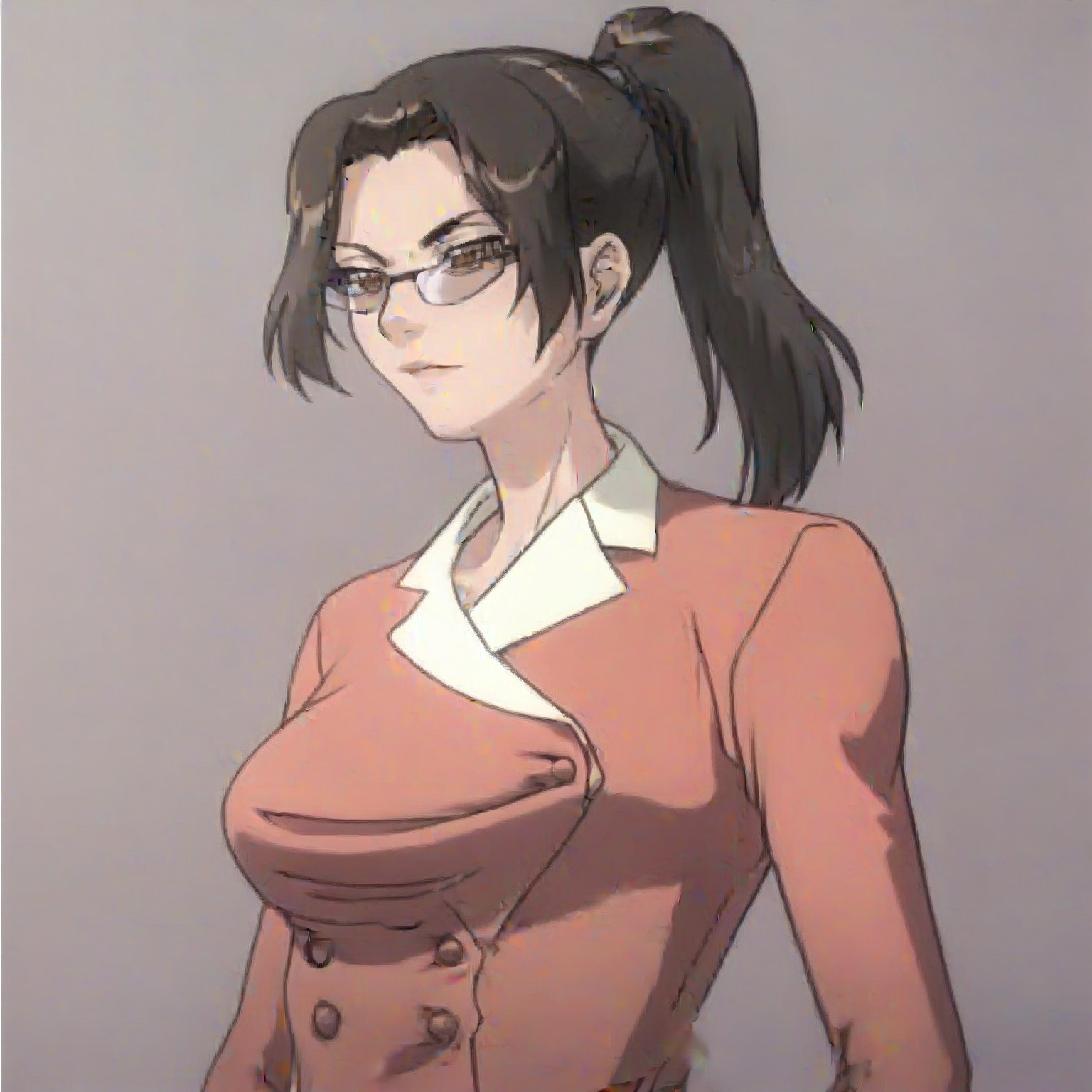 ,,score_9, score_8_up, score_7_up, highres, best quality, , , 1girl,
solo,
ong hair,
brown hair,
black hair,
brown eyes,
ponytail,
glasses,
formal,front view,