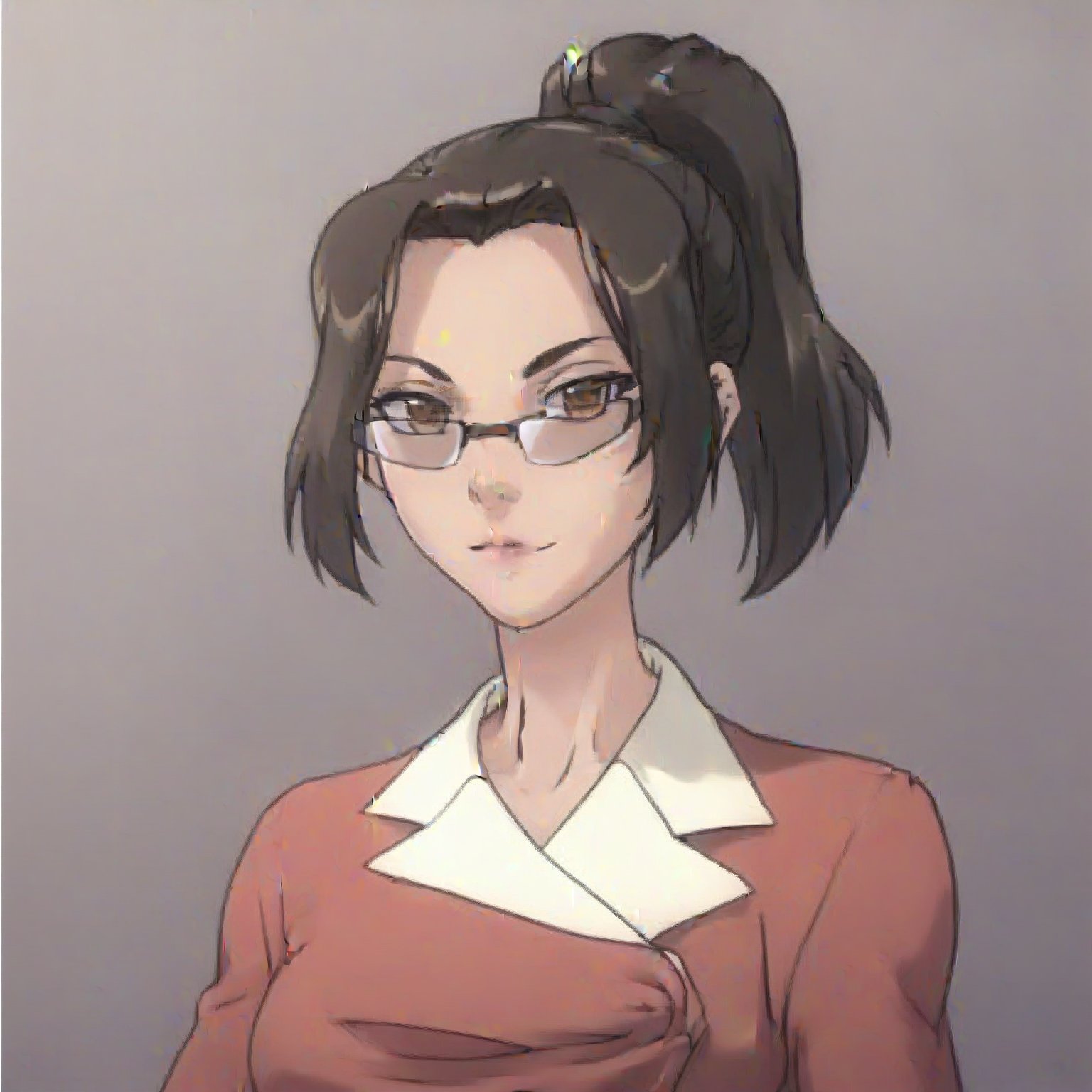 ,,score_9, score_8_up, score_7_up, highres, best quality, , , 1girl,
solo,
ong hair,
brown hair,
black hair,
brown eyes,
ponytail,
glasses,
formal,front view,