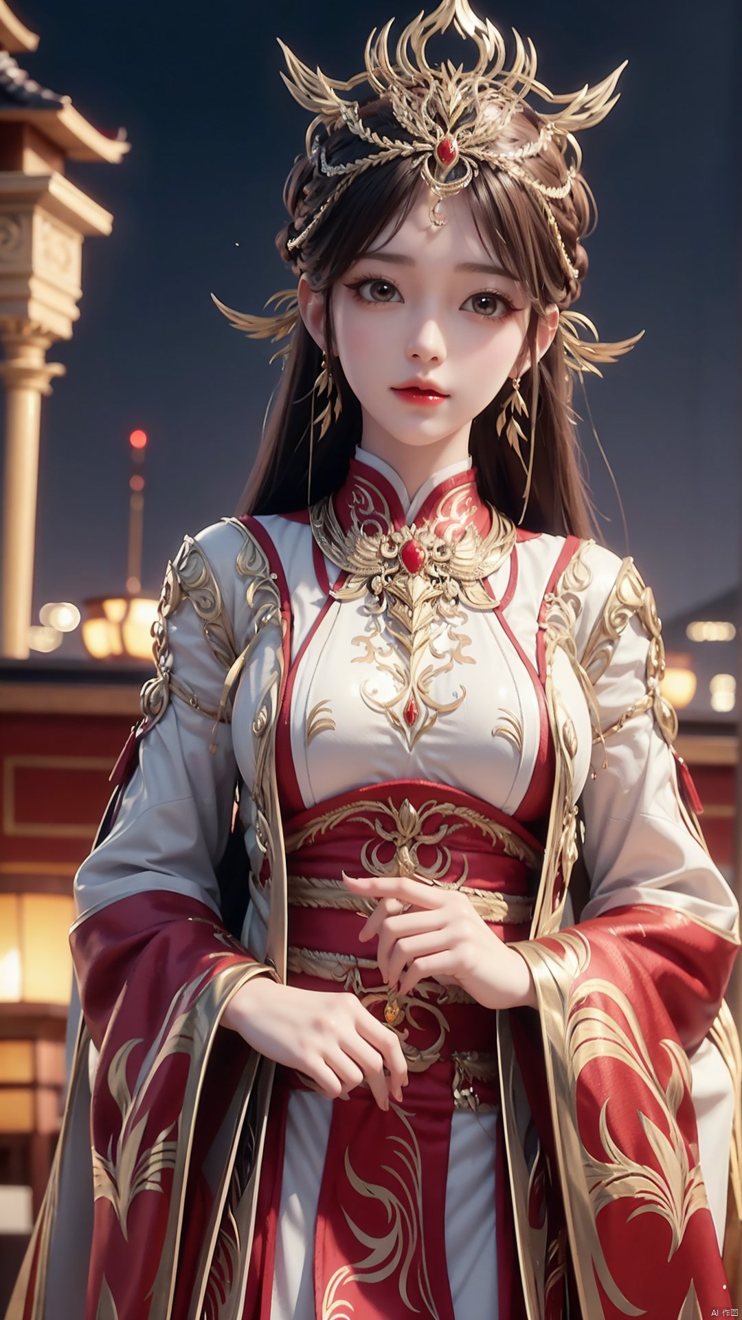 1girl, solo, looking at viewer, brown eyes, brown hair, jewelry, long hair, chinese clothes, hair ornament, earrings, mischevious smile, perfect body, scenery, sharp focus, best quality, masterpiece, detailed outfit, illustration, perfect eyes, finely detailed beautiful anime eyes, realistic skin, intricate details, best lighting, depth of field, ultra high resolution,cowboy_shot, dynamic pose, dynamic angle,