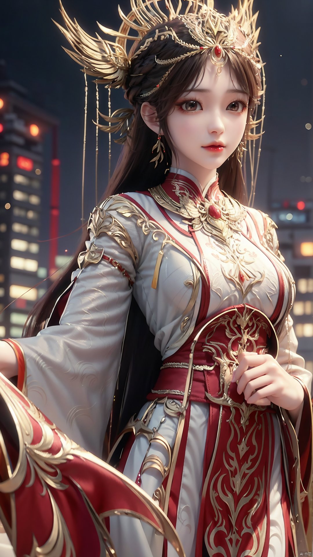 1girl, solo, looking at viewer, brown eyes, brown hair, jewelry, long hair, chinese clothes, hair ornament, earrings, mischevious smile, perfect body, scenery, sharp focus, best quality, masterpiece, detailed outfit, illustration, perfect eyes, finely detailed beautiful anime eyes, realistic skin, intricate details, best lighting, depth of field, ultra high resolution,cowboy_shot, dynamic pose, dynamic angle,