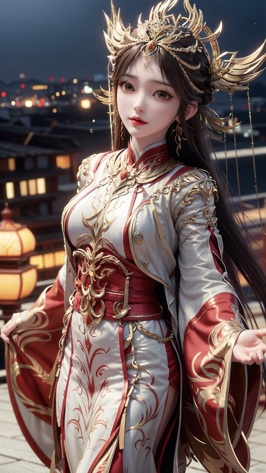 1girl, solo, looking at viewer, brown eyes, brown hair, jewelry, long hair, chinese clothes, hair ornament, earrings, mischevious smile, perfect body, scenery, sharp focus, best quality, masterpiece, detailed outfit, illustration, perfect eyes, finely detailed beautiful anime eyes, realistic skin, intricate details, best lighting, depth of field, ultra high resolution,cowboy_shot, dynamic pose, dynamic angle,