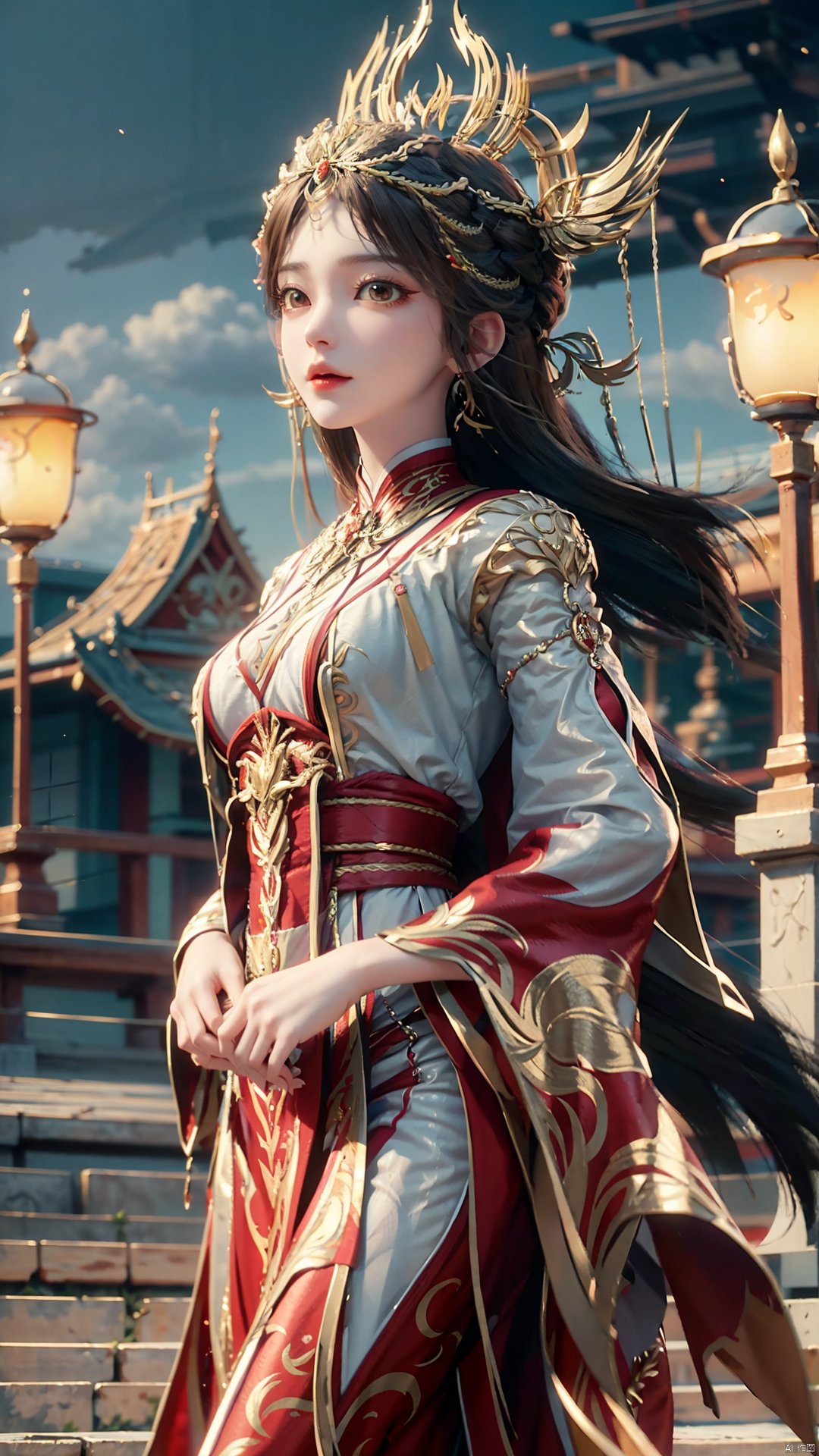 1girl, solo, looking at viewer, brown eyes, brown hair, jewelry, long hair, chinese clothes, hair ornament, earrings, mischevious smile, perfect body, scenery, sharp focus, best quality, masterpiece, detailed outfit, illustration, perfect eyes, finely detailed beautiful anime eyes, realistic skin, intricate details, best lighting, depth of field, ultra high resolution,cowboy_shot, dynamic pose, dynamic angle,