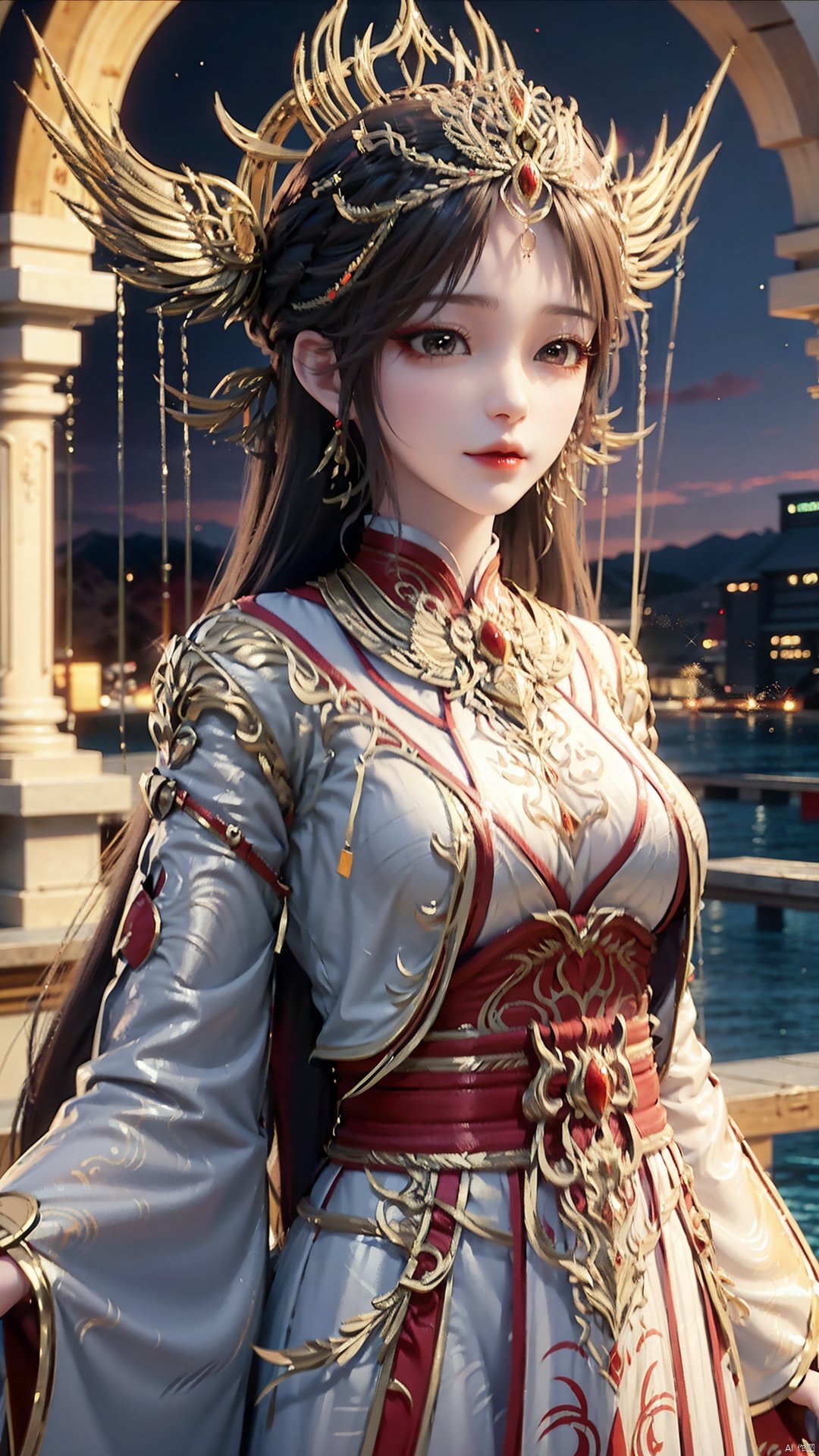 1girl, solo, looking at viewer, brown eyes, brown hair, jewelry, long hair, chinese clothes, hair ornament, earrings, mischevious smile, perfect body, scenery, sharp focus, best quality, masterpiece, detailed outfit, illustration, perfect eyes, finely detailed beautiful anime eyes, realistic skin, intricate details, best lighting, depth of field, ultra high resolution,cowboy_shot, dynamic pose, dynamic angle,