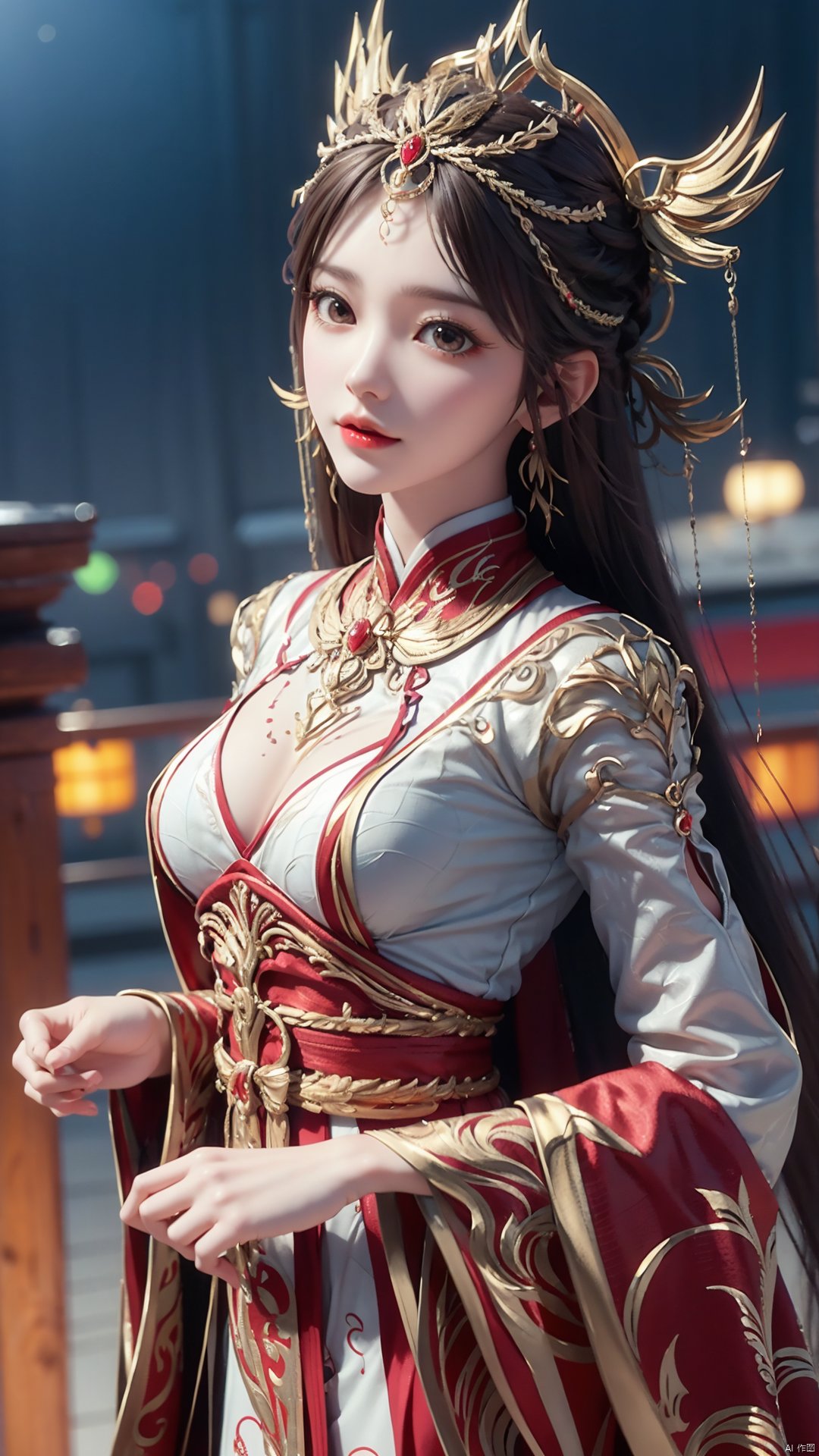 1girl, solo, looking at viewer, brown eyes, brown hair, jewelry, long hair, chinese clothes, hair ornament, earrings, mischevious smile, perfect body, scenery, sharp focus, best quality, masterpiece, detailed outfit, illustration, perfect eyes, finely detailed beautiful anime eyes, realistic skin, intricate details, best lighting, depth of field, ultra high resolution,cowboy_shot, dynamic pose, dynamic angle,