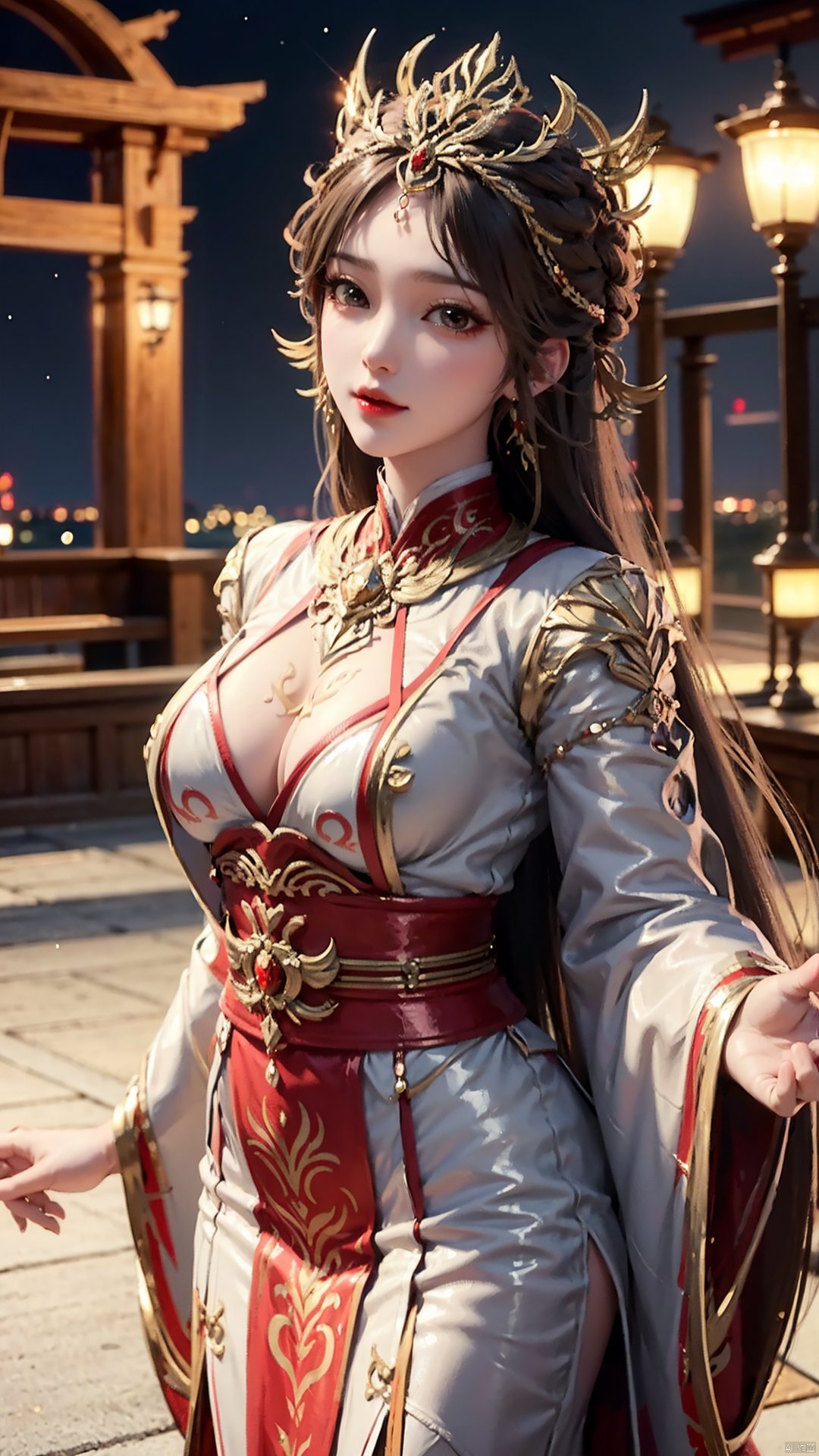 1girl, solo, looking at viewer, brown eyes, brown hair, jewelry, long hair, chinese clothes, hair ornament, earrings, mischevious smile, perfect body, scenery, sharp focus, best quality, masterpiece, detailed outfit, illustration, perfect eyes, finely detailed beautiful anime eyes, realistic skin, intricate details, best lighting, depth of field, ultra high resolution,cowboy_shot, dynamic pose, dynamic angle,