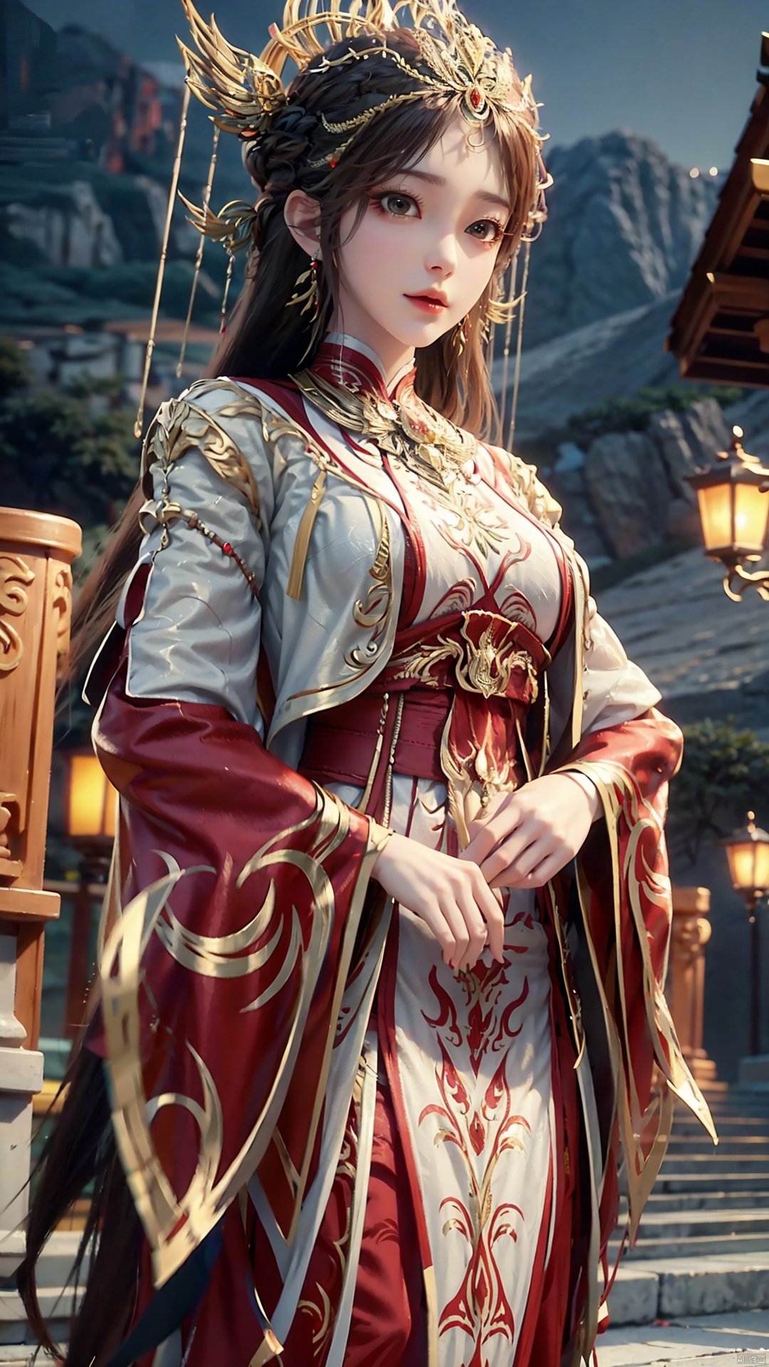 1girl, solo, looking at viewer, brown eyes, brown hair, jewelry, long hair, chinese clothes, hair ornament, earrings, mischevious smile, perfect body, scenery, sharp focus, best quality, masterpiece, detailed outfit, illustration, perfect eyes, finely detailed beautiful anime eyes, realistic skin, intricate details, best lighting, depth of field, ultra high resolution,cowboy_shot, dynamic pose, dynamic angle,