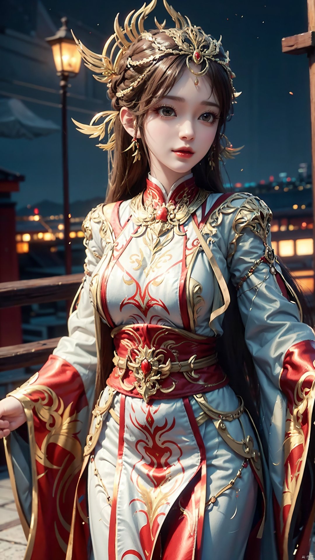 1girl, solo, looking at viewer, brown eyes, brown hair, jewelry, long hair, chinese clothes, hair ornament, earrings, mischevious smile, perfect body, scenery, sharp focus, best quality, masterpiece, detailed outfit, illustration, perfect eyes, finely detailed beautiful anime eyes, realistic skin, intricate details, best lighting, depth of field, ultra high resolution,cowboy_shot, dynamic pose, dynamic angle,