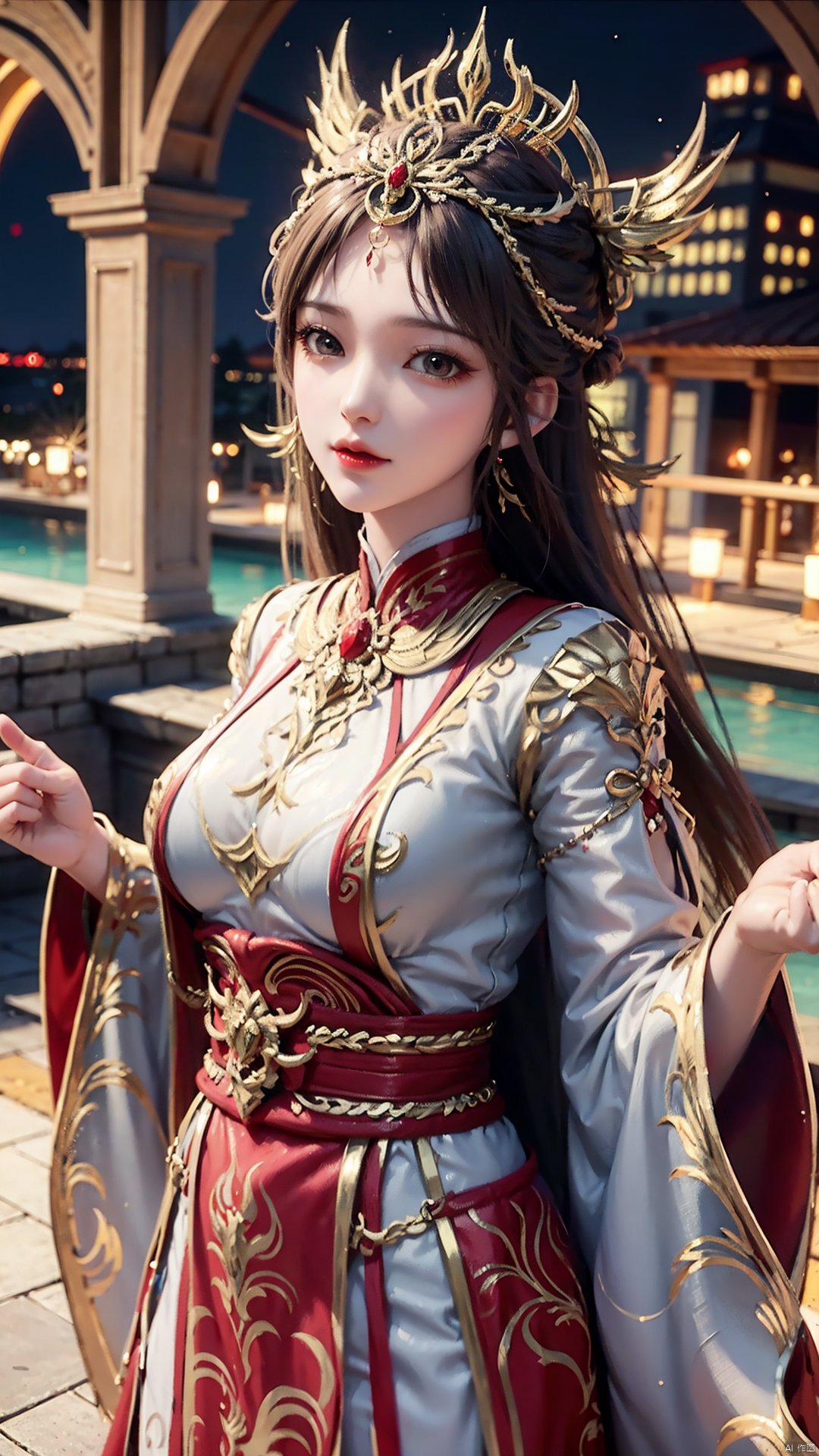 1girl, solo, looking at viewer, brown eyes, brown hair, jewelry, long hair, chinese clothes, hair ornament, earrings, mischevious smile, perfect body, scenery, sharp focus, best quality, masterpiece, detailed outfit, illustration, perfect eyes, finely detailed beautiful anime eyes, realistic skin, intricate details, best lighting, depth of field, ultra high resolution,cowboy_shot, dynamic pose, dynamic angle,