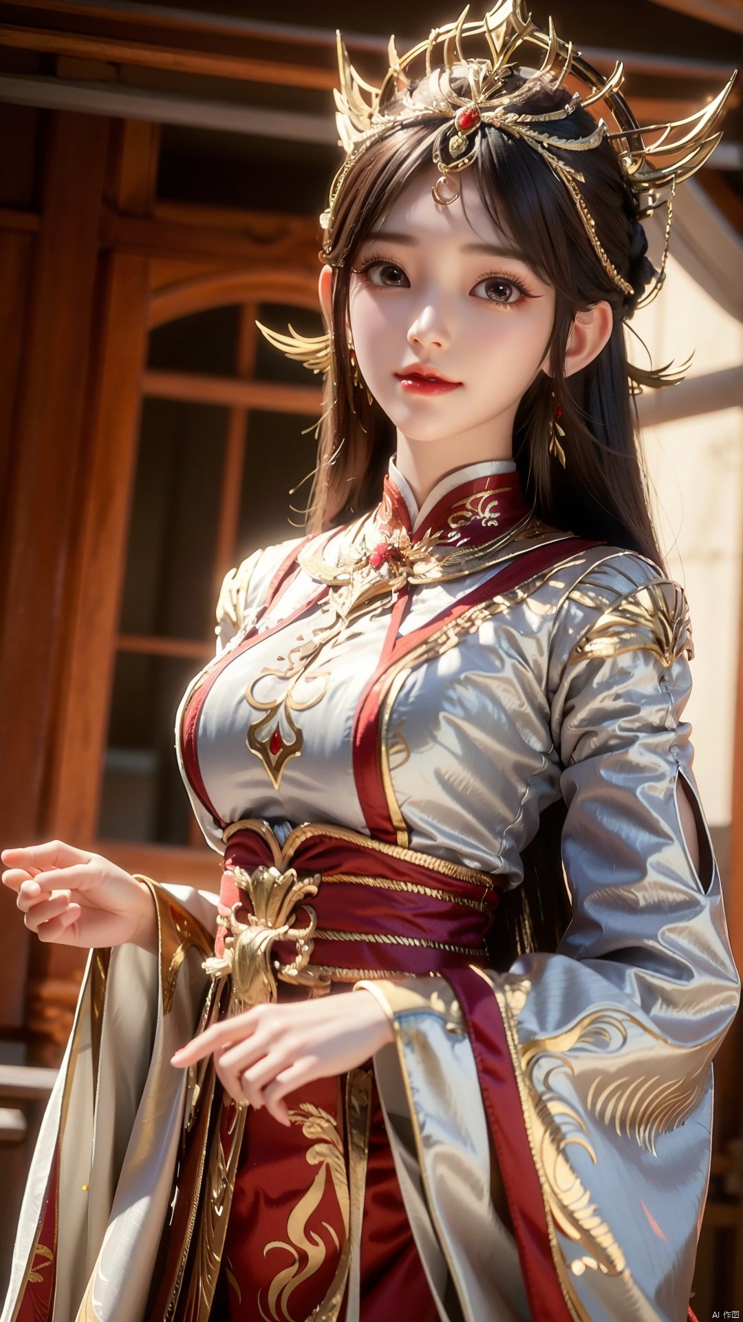 1girl, solo, looking at viewer, brown eyes, brown hair, jewelry, long hair, chinese clothes, hair ornament, earrings, mischevious smile, perfect body, scenery, sharp focus, best quality, masterpiece, detailed outfit, illustration, perfect eyes, finely detailed beautiful anime eyes, realistic skin, intricate details, best lighting, depth of field, ultra high resolution,cowboy_shot, dynamic pose, dynamic angle,